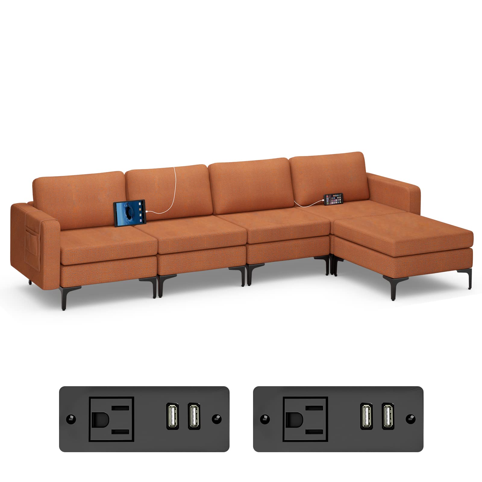 Giantex 4 Seat Convertible Sofa Couch, 123" L Sectional Sleeper with 2 or 1 USB Ports Socket