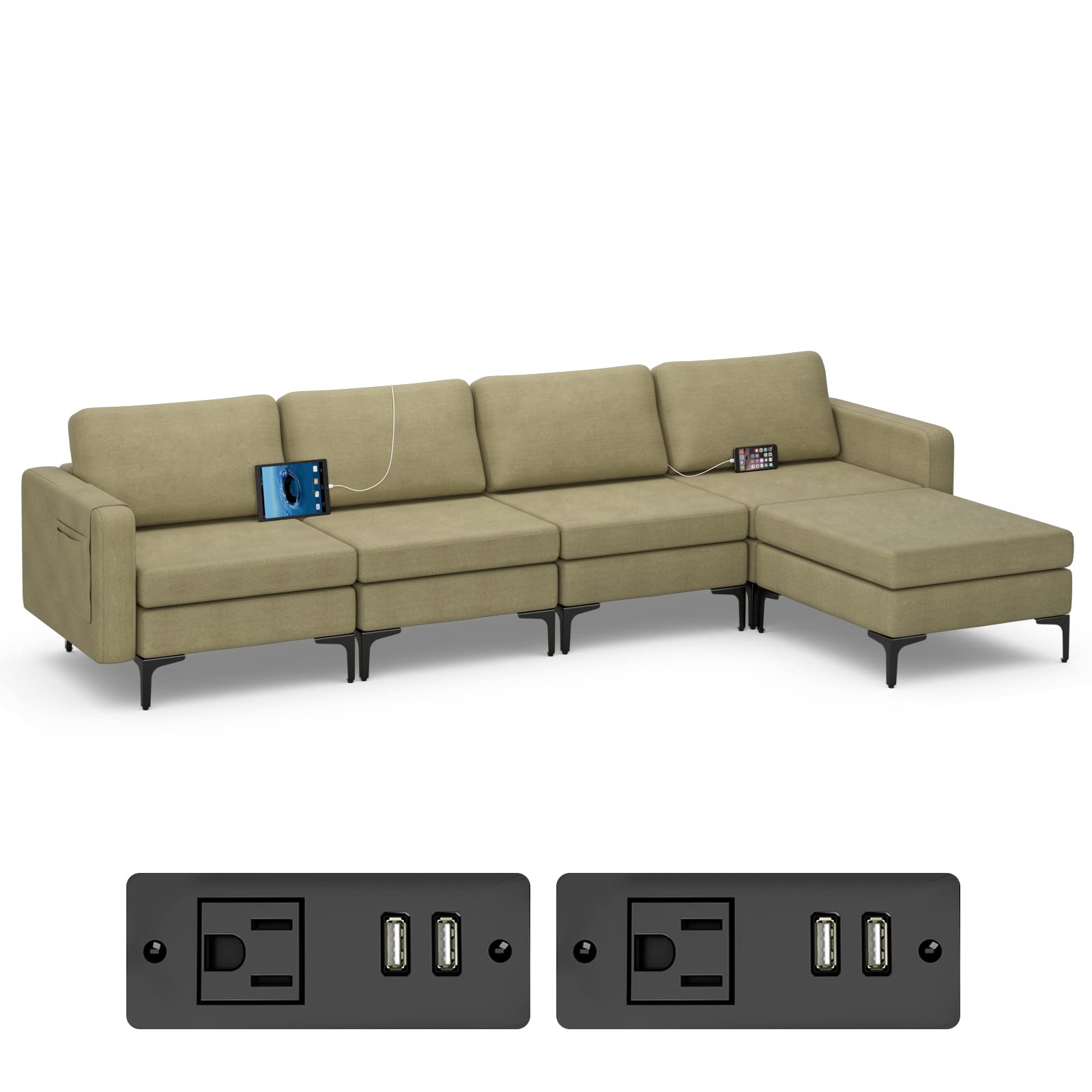 Giantex 4 Seat Convertible Sofa Couch, 123" L Sectional Sleeper with 2 or 1 USB Ports Socket