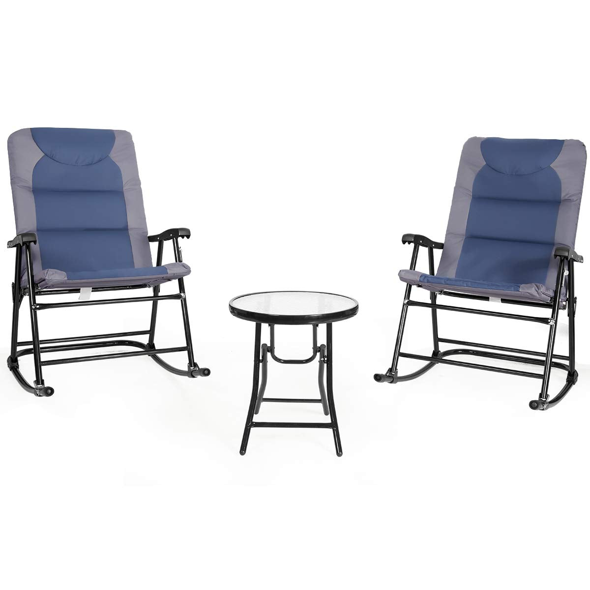 Giantex 3 PCS Folding Bistro Set Outdoor Patio Rocking Chairs Round Table Set 2 Rocking Chairs