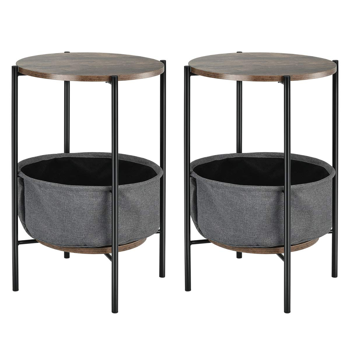 End Table Round Sofa Side Table W/Durable Storage Fabric Basket