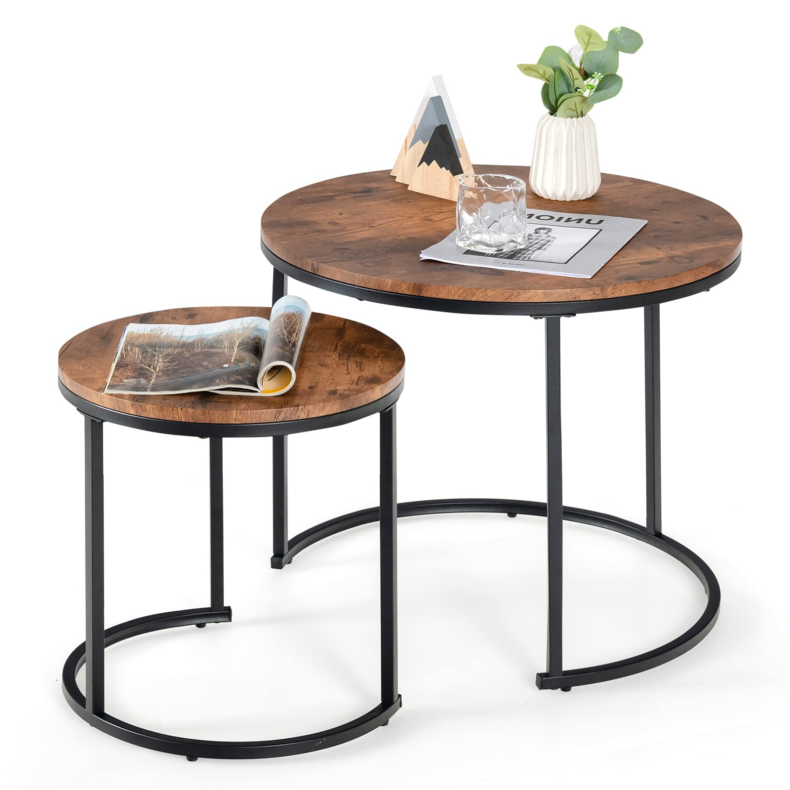 Nesting Coffee Table Set of 2, Round Stacking Side Tables w/Wooden Tabletop & Steel Frame