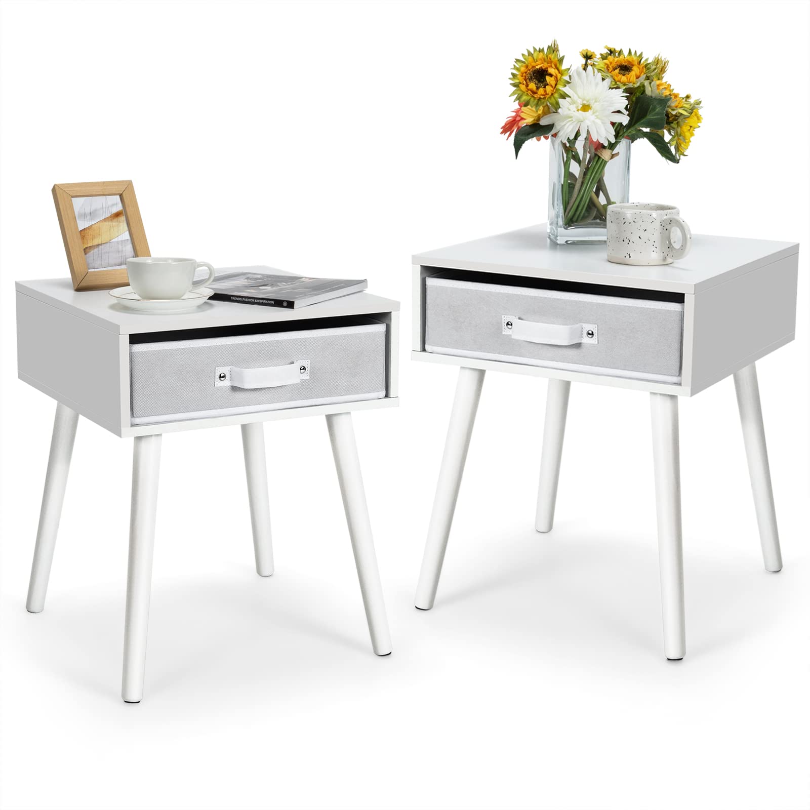 End Table Accent Bedside Table W/ 1 Removable Fabric Drawer and Solid Wooden Legs