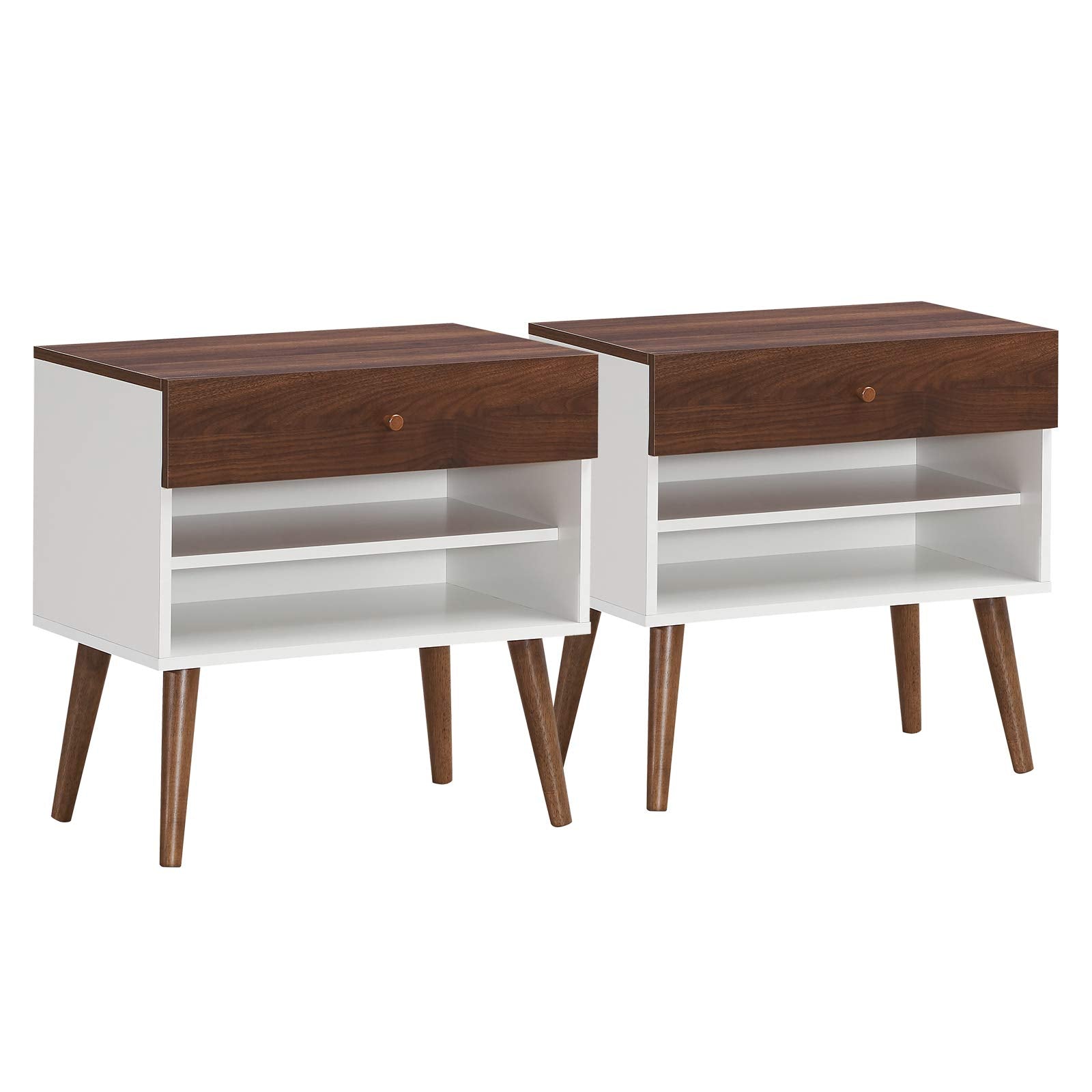 Nightstand with Drawer and Storage Shelves & Rubber Wood Legs, Brown&White