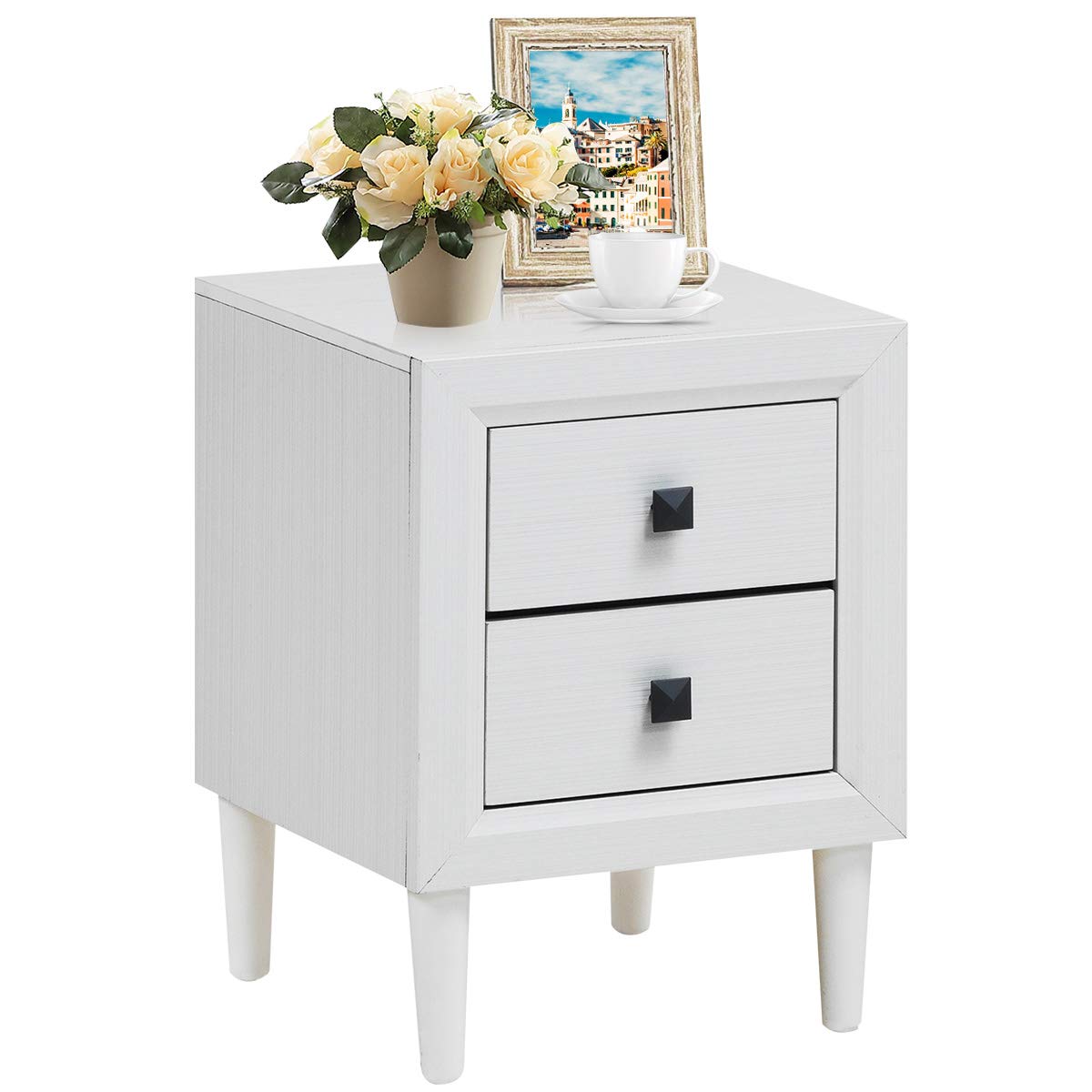 Nightstand Wooden W/Two Storage Drawers and Handles