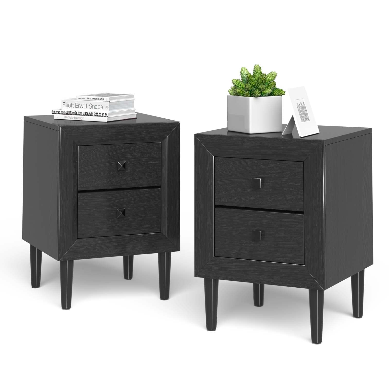 Nightstand Wooden W/Two Storage Drawers and Handles