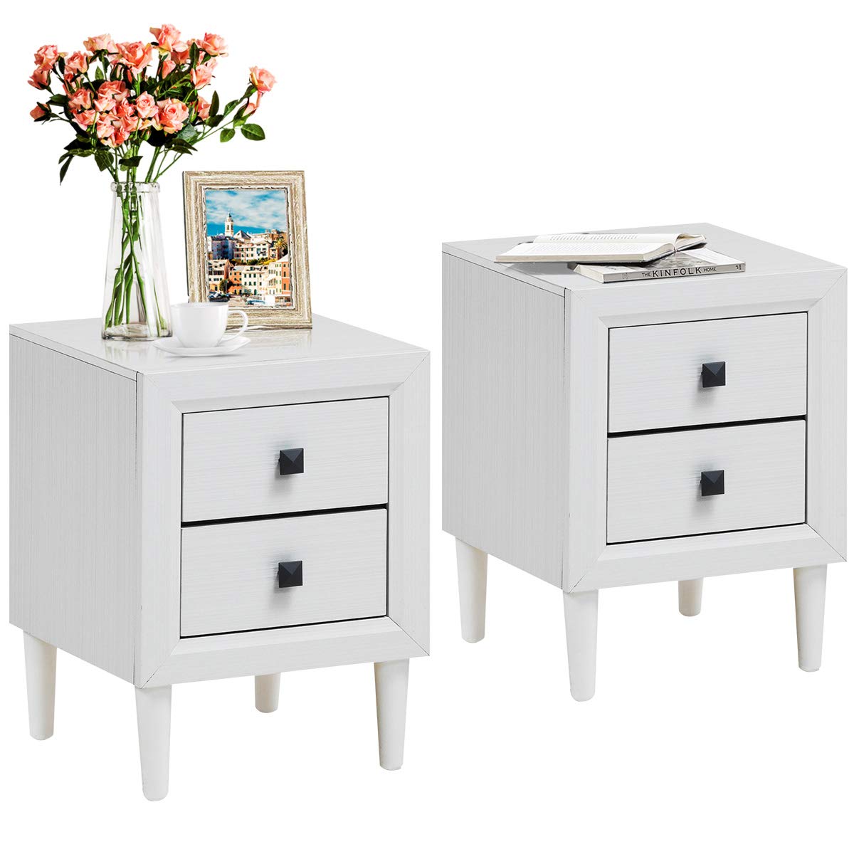 Nightstand Wooden W/Two Storage Drawers and Handles