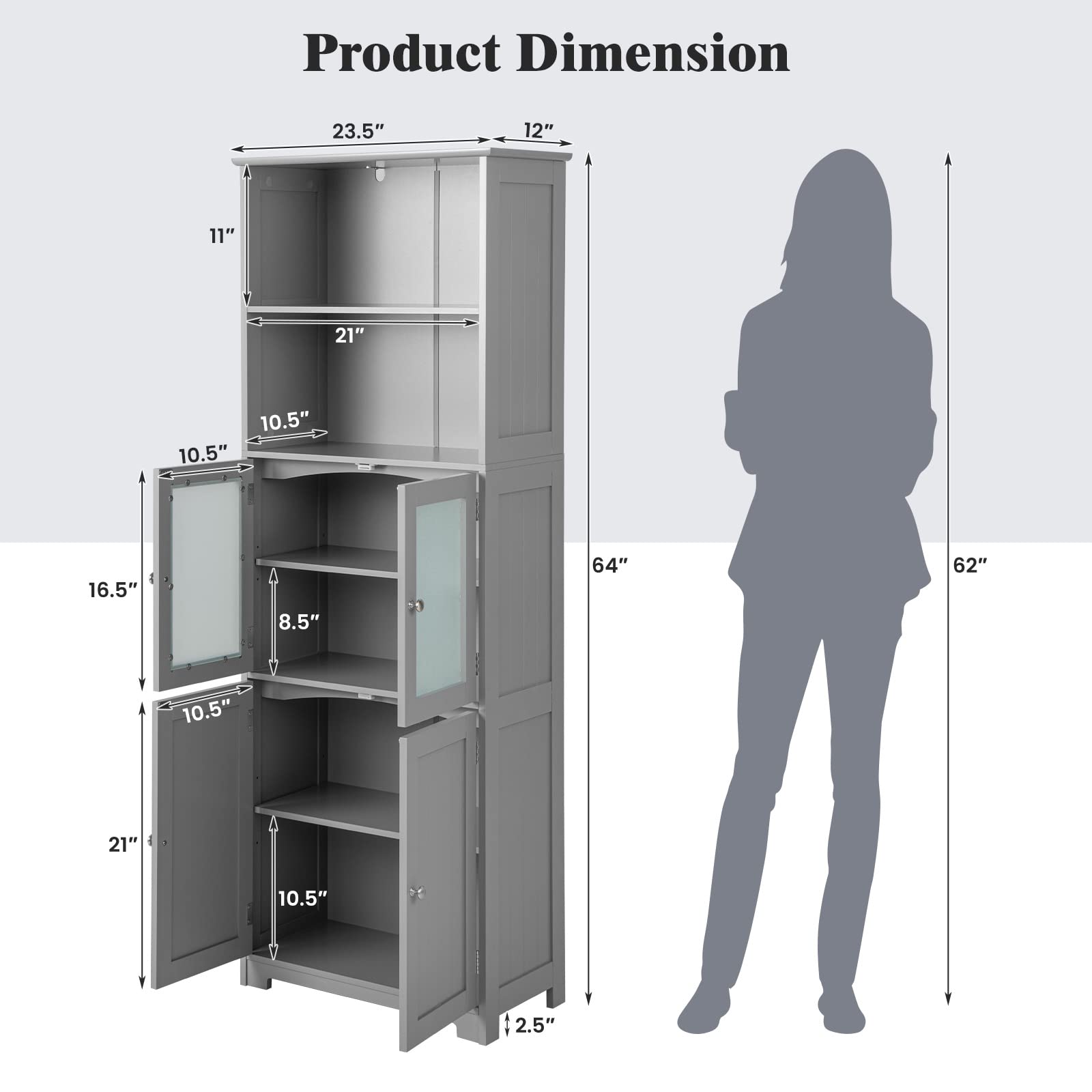 Giantex 64" Tall Bathroom Storage Cabinet, Freestanding Kitchen Pantry Cupboard with 2 Cabinets