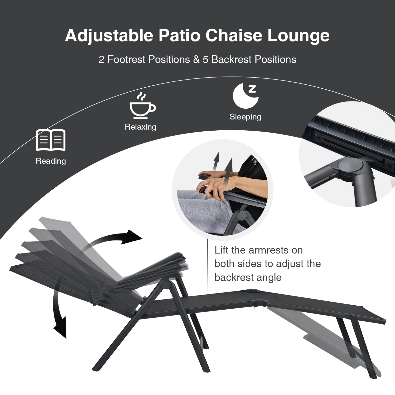 Outdoor Sunbathing Chair W/ 5-Position Backrest | Patio Lounge Chair