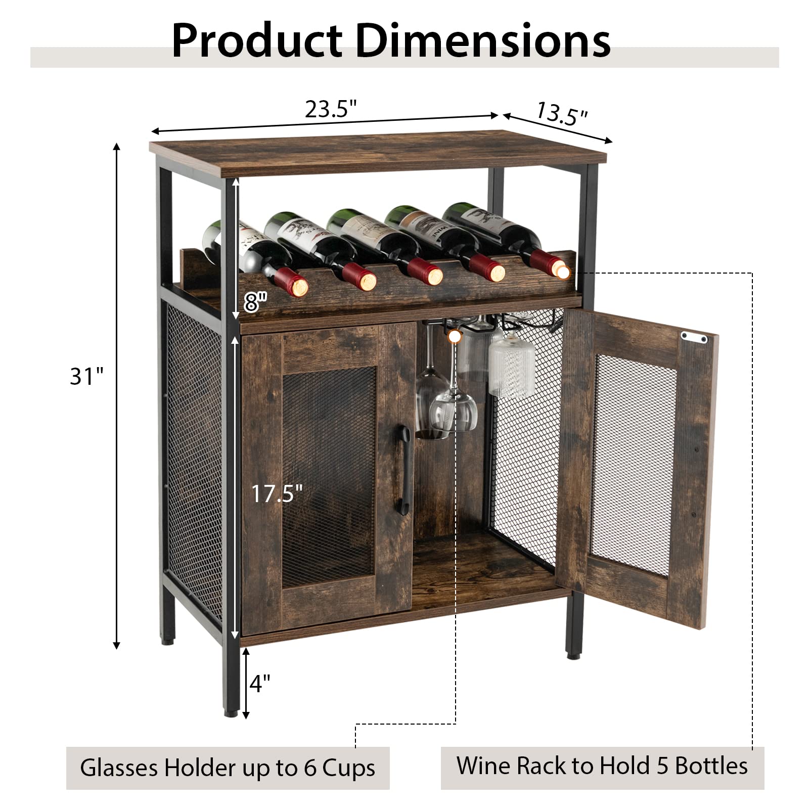 Giantex Wine Bar Cabinet, Industrial Liquor Cabinet with Glass Holder, Removable Wine Rack (Rustic Brown & Black)