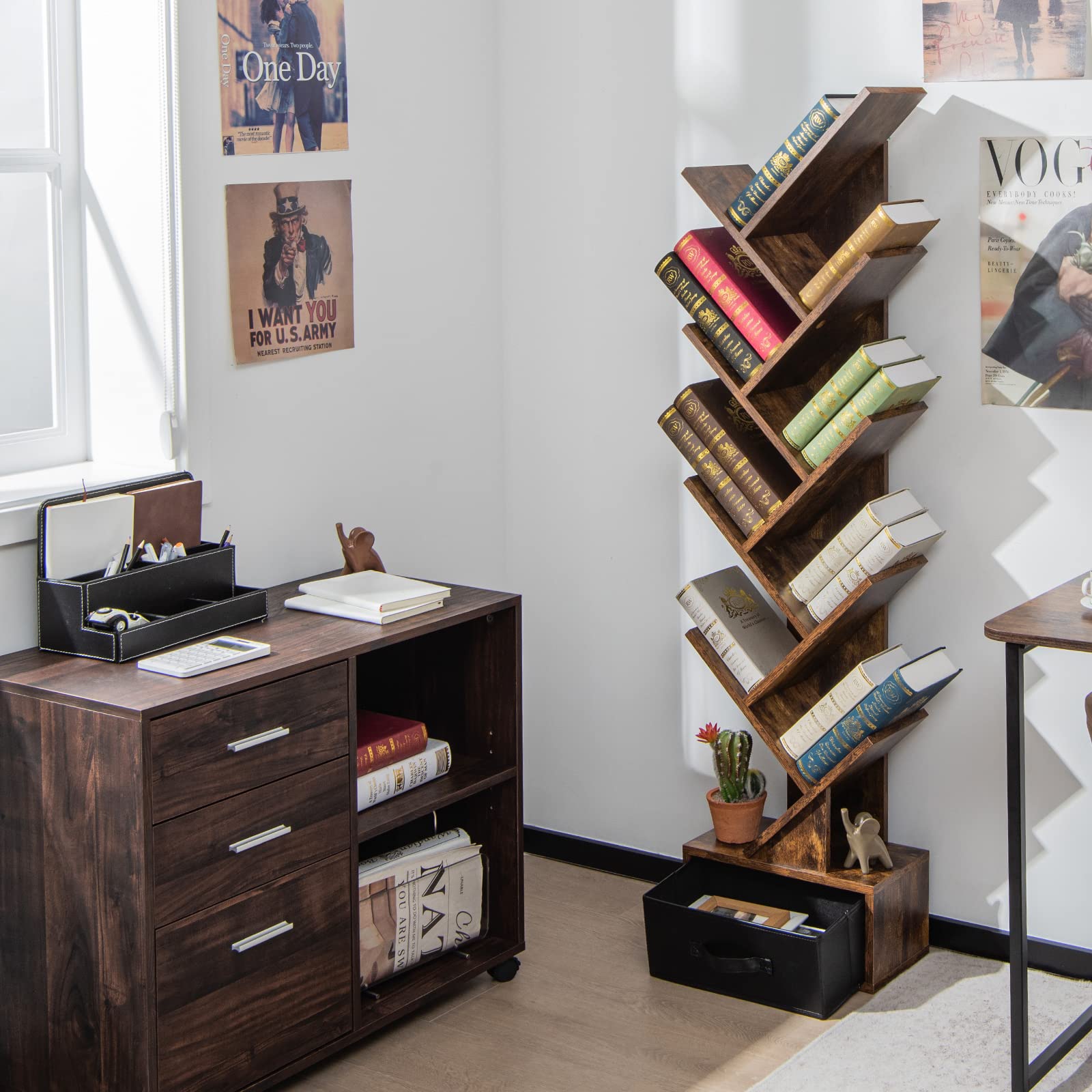 Giantex Tree Bookshelf with Drawer, 10 Shelf Space Saving