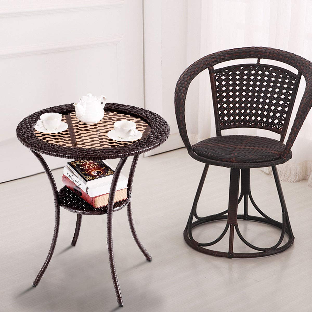 Giantex Round Rattan Wicker Coffee Table Glass Top Steel Frame Patio Furni (Round)