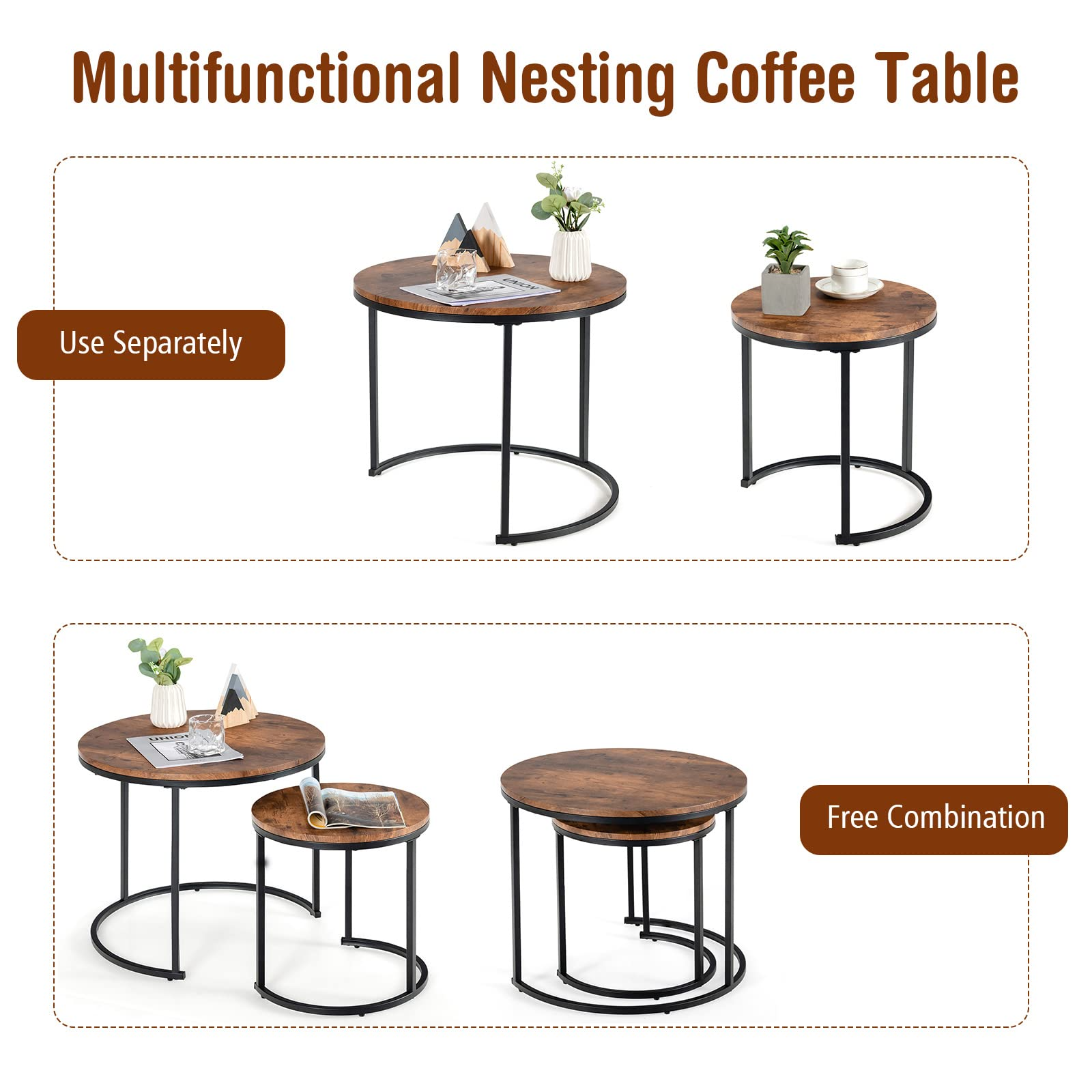 Nesting Coffee Table Set of 2, Round Stacking Side Tables w/Wooden Tabletop & Steel Frame