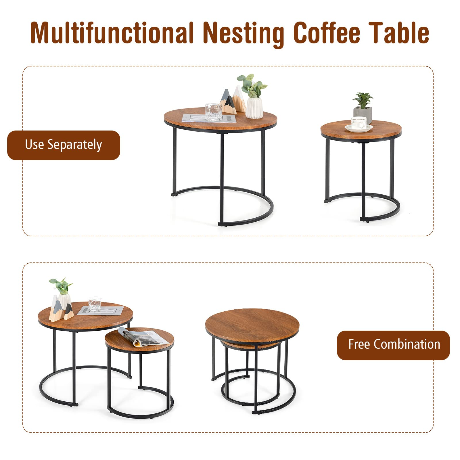 Nesting Coffee Table Set of 2, Round Stacking Side Tables w/Wooden Tabletop & Steel Frame