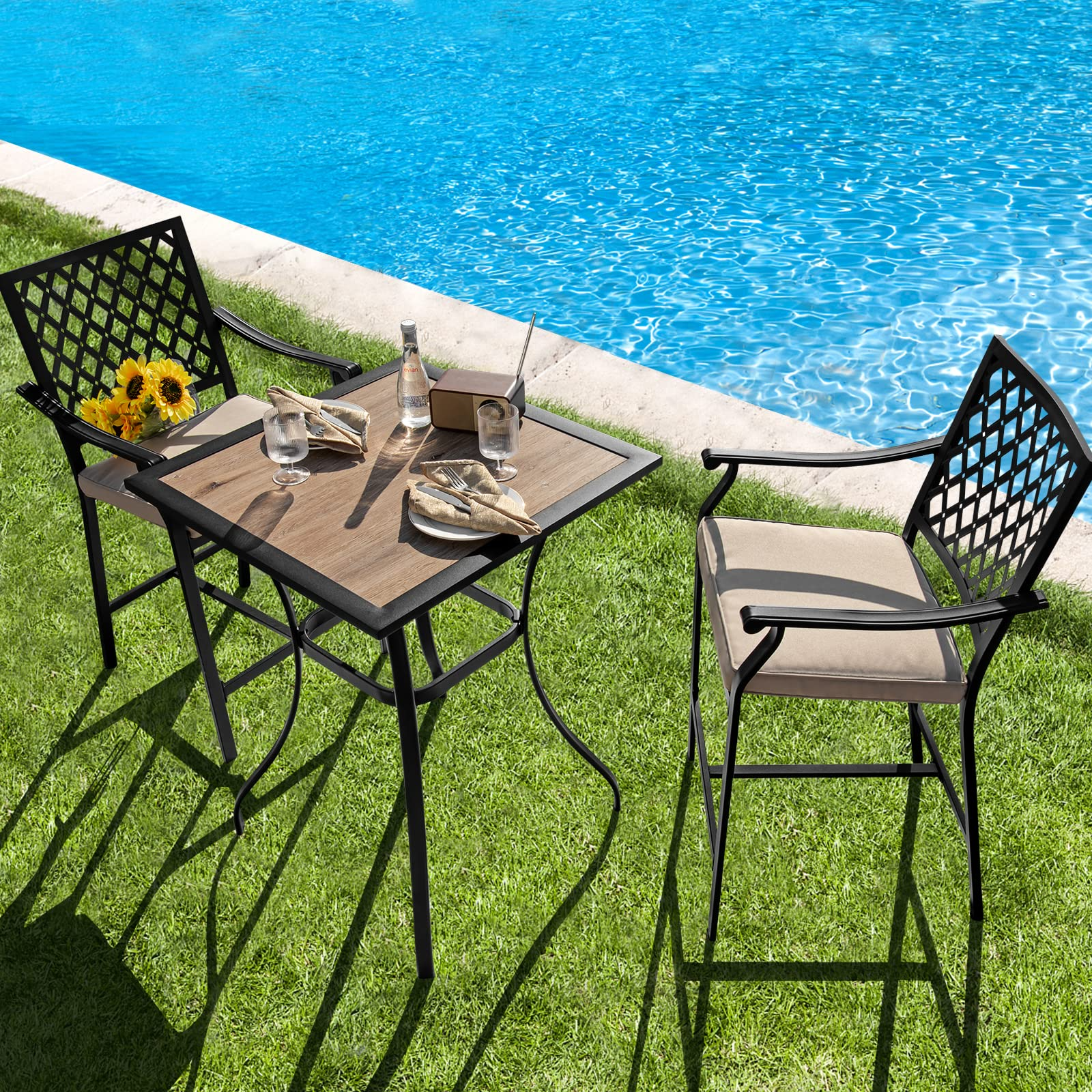 3 Piece Patio Bar Table Set Outdoor Square Bistro Bar Table High Chairs with Cushion Metal Stool