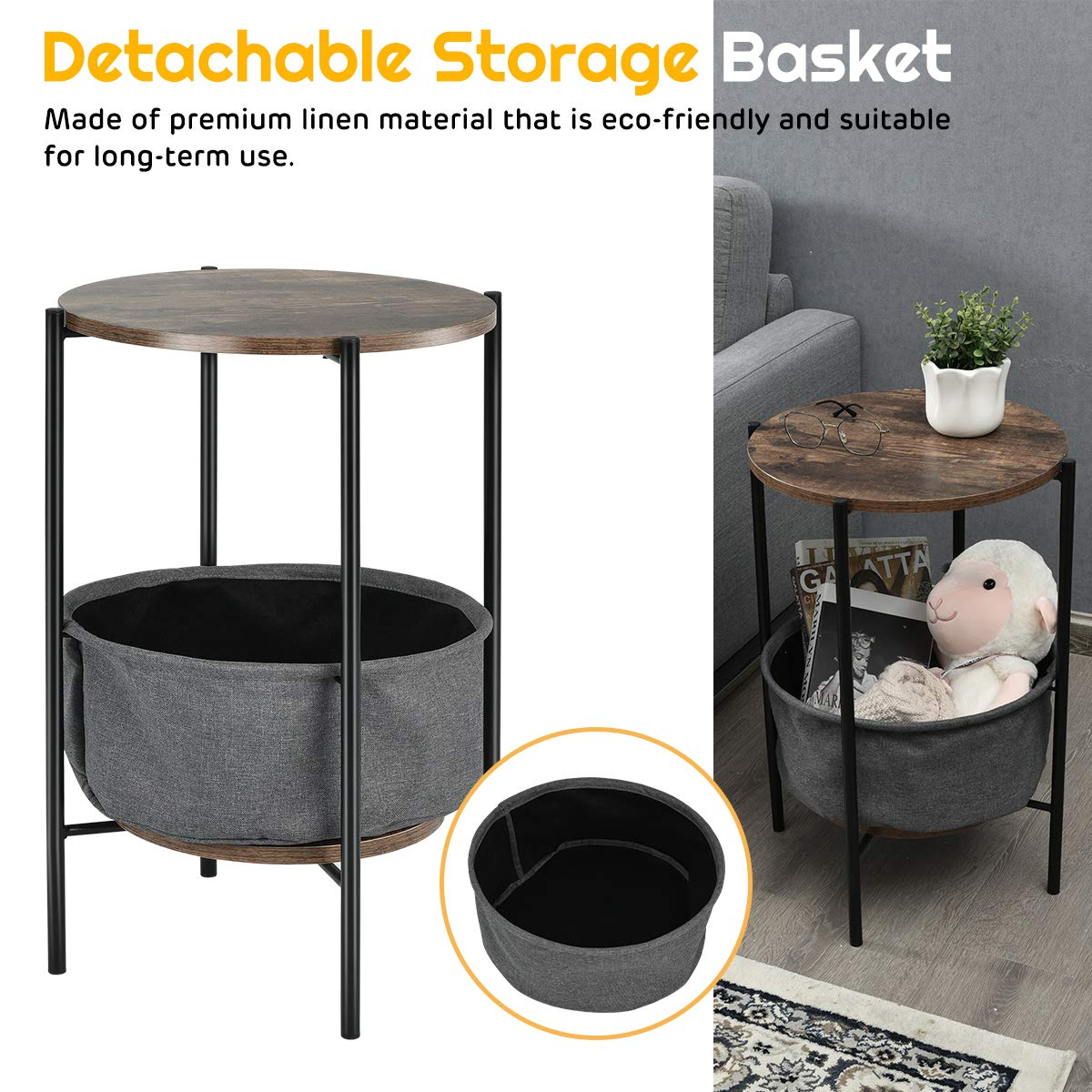 End Table Round Sofa Side Table W/Durable Storage Fabric Basket