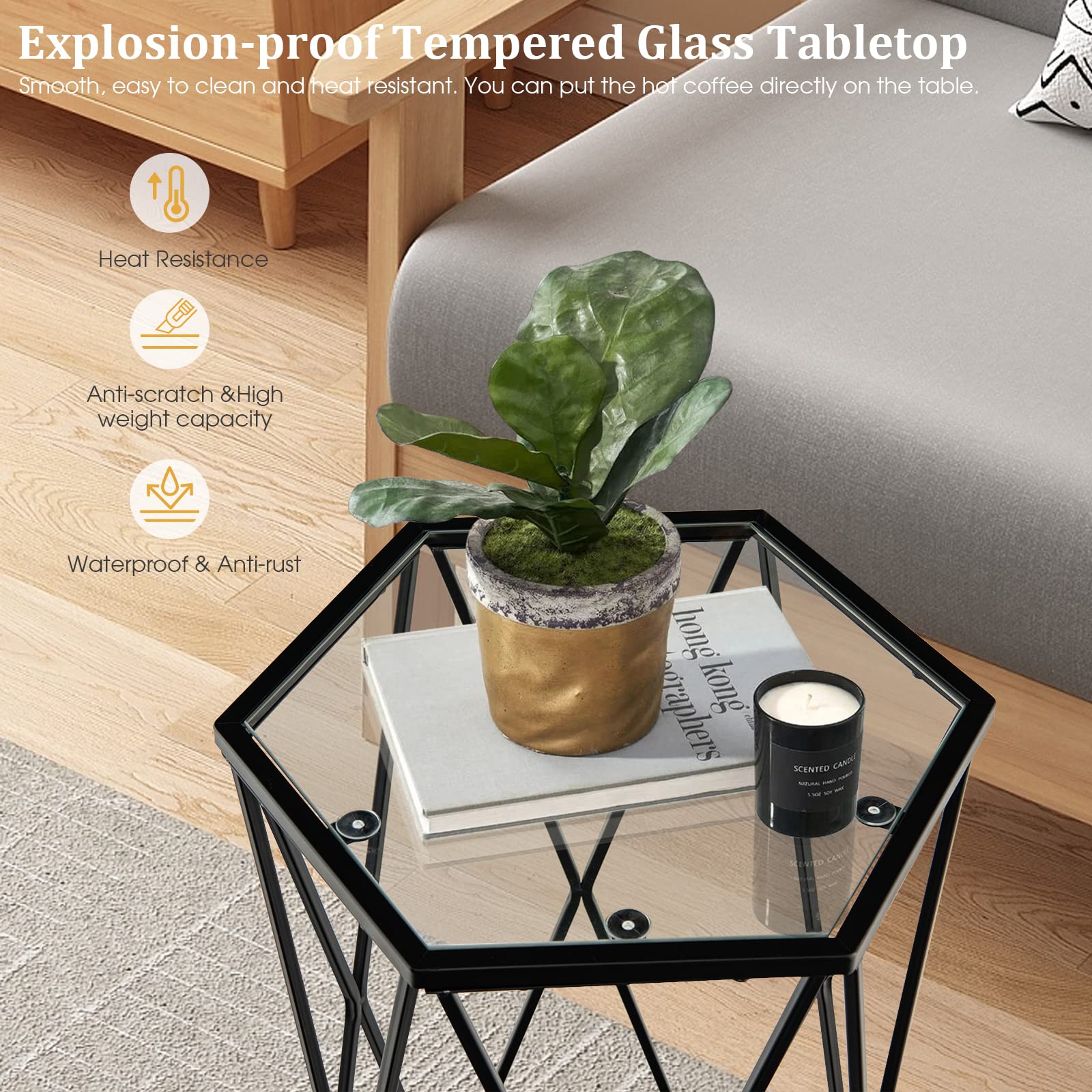 Giantex End Table w/Glass Top, Metal Frame, Small Coffee Accent Table for Small Space( 16" x 13.5" x 24")