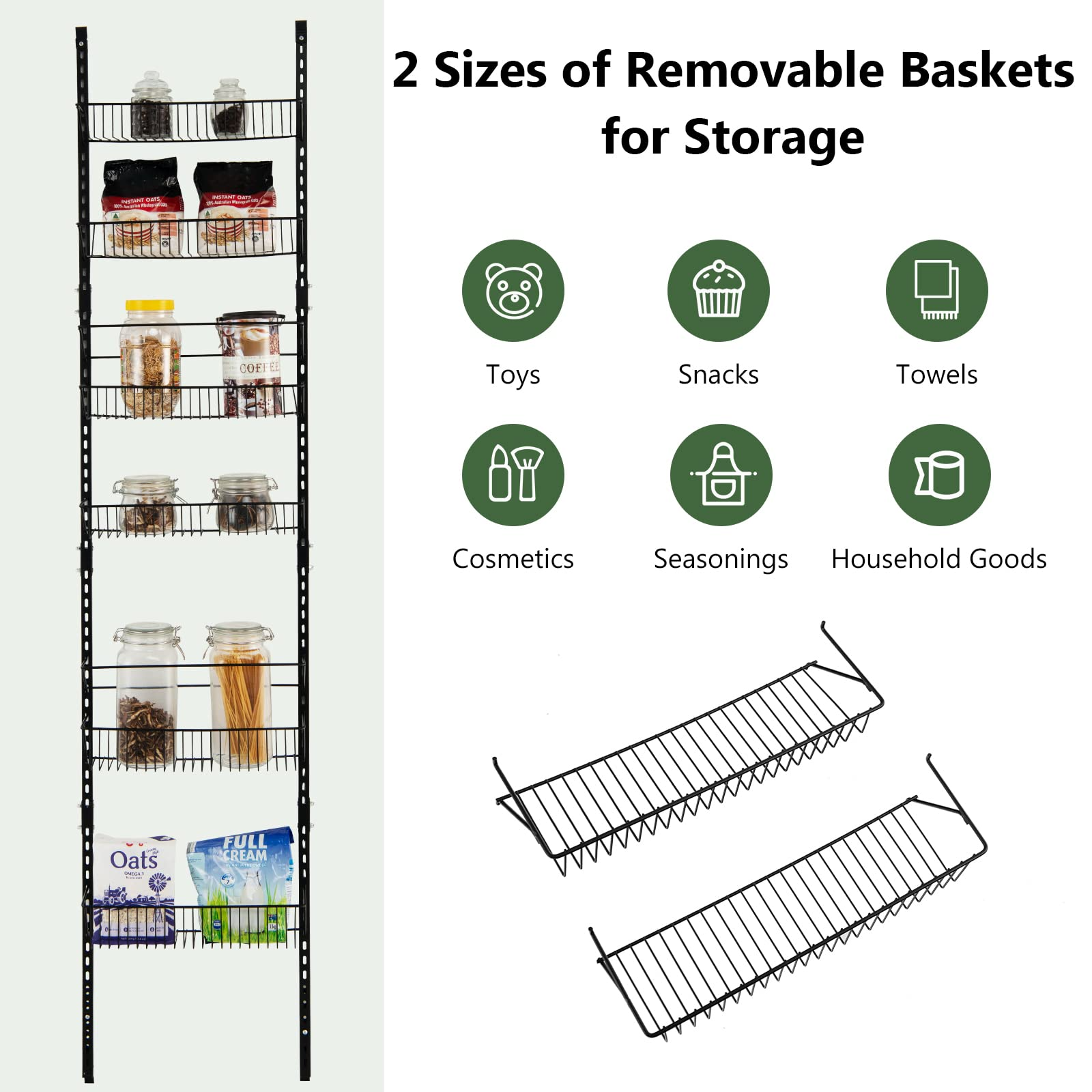 Heavy-duty Pantry Door Organizer with 6 Metal Wire Baskets