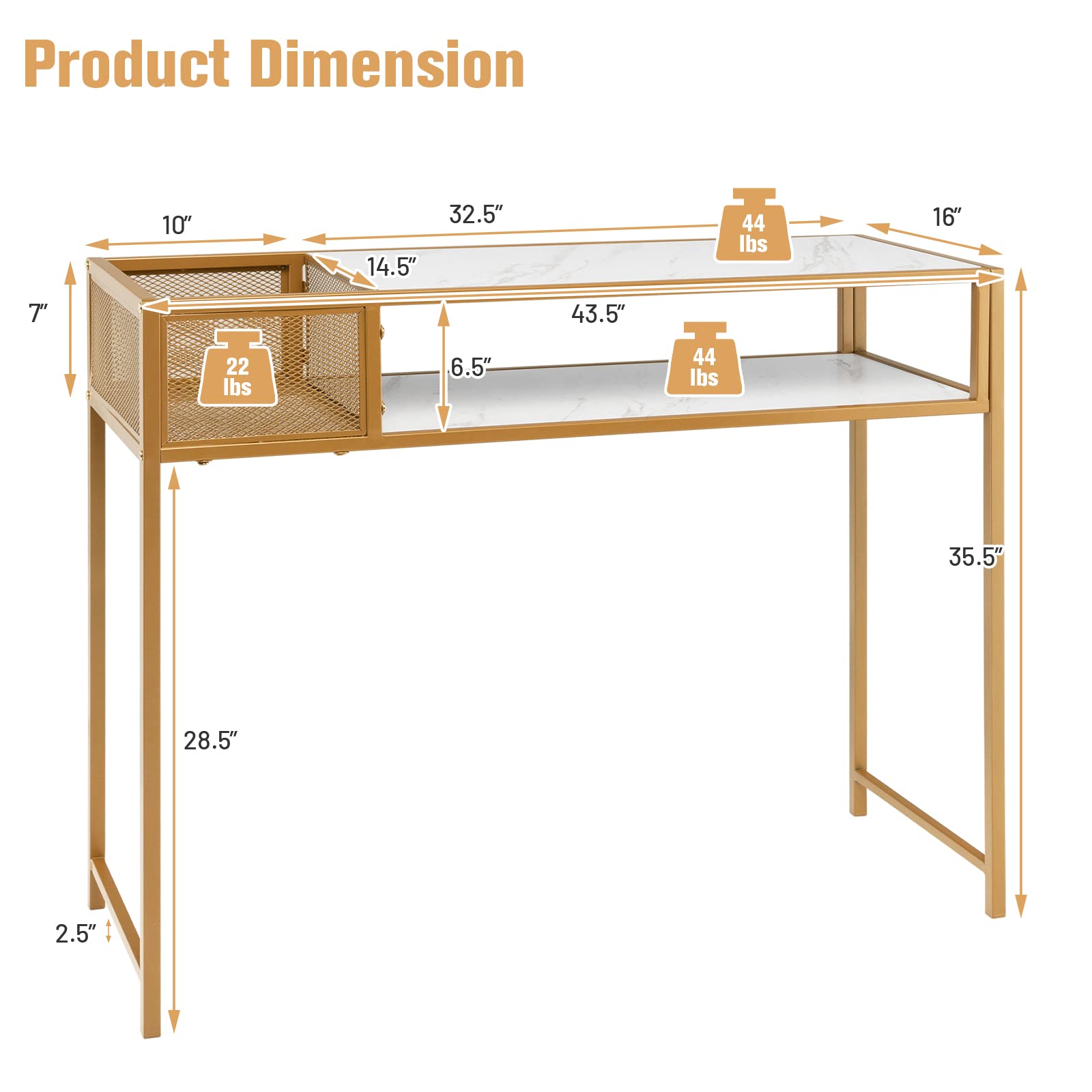 Giantex Console Tables for Entryway - Faux Marble Sofa Table with Wire Basket, 43.5" x 16" x 35.5" Entry Table