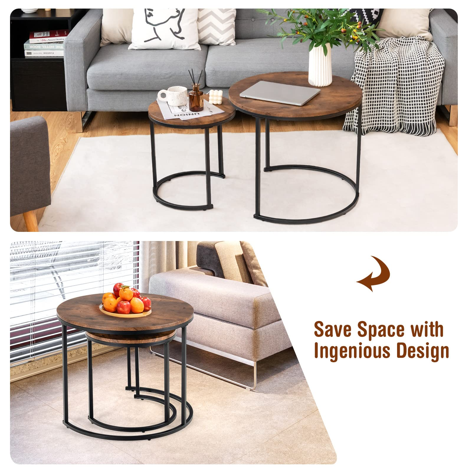 Nesting Coffee Table Set of 2, Round Stacking Side Tables w/Wooden Tabletop & Steel Frame