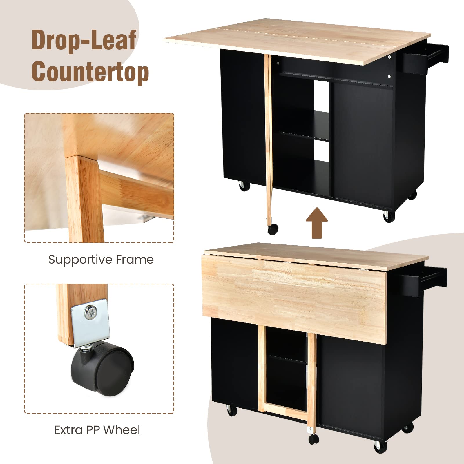 Giantex Kitchen Island Cart Drop-Leaf Countertop, Rubber Wood Breakfast Dining Table w/Large Drawer