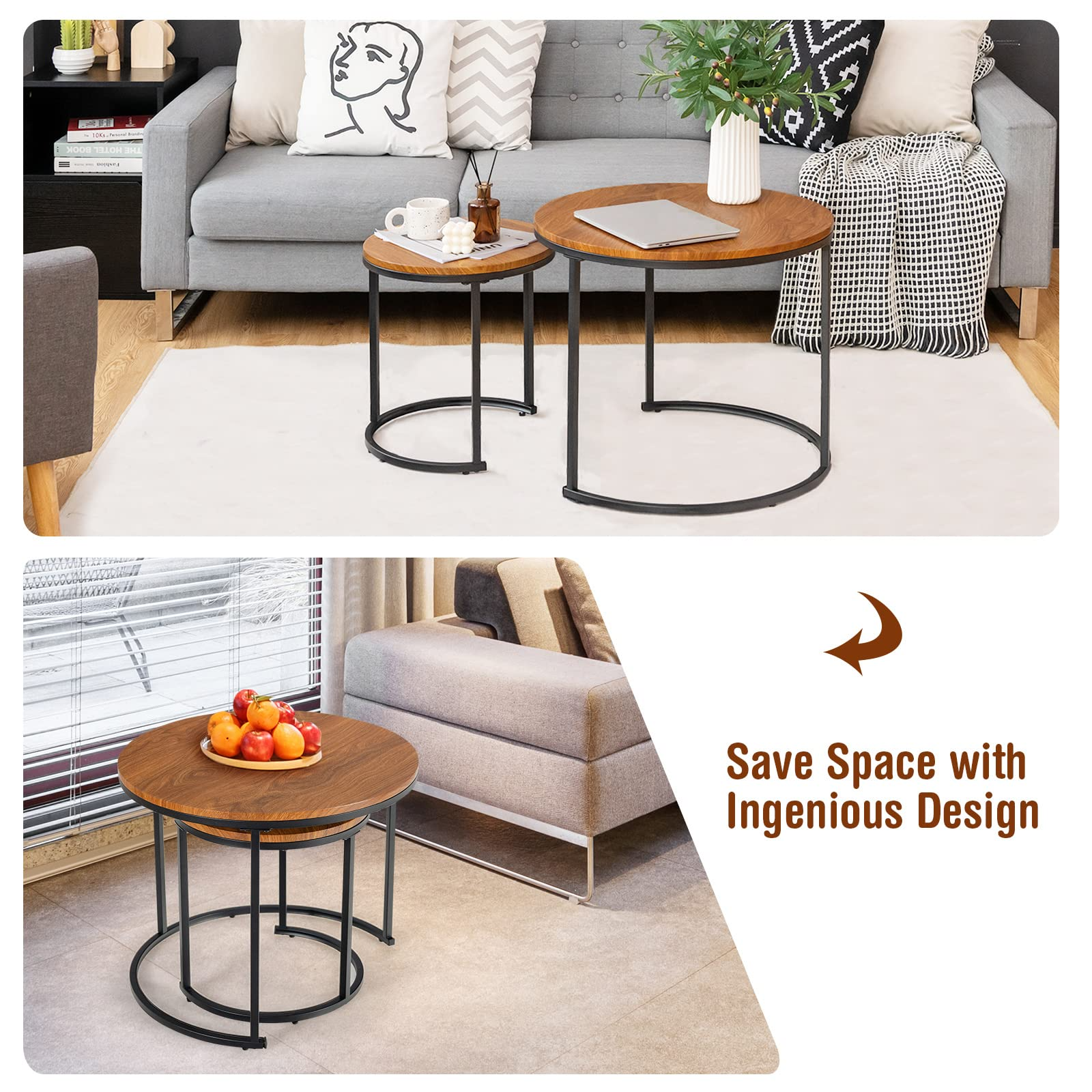 Nesting Coffee Table Set of 2, Round Stacking Side Tables w/Wooden Tabletop & Steel Frame