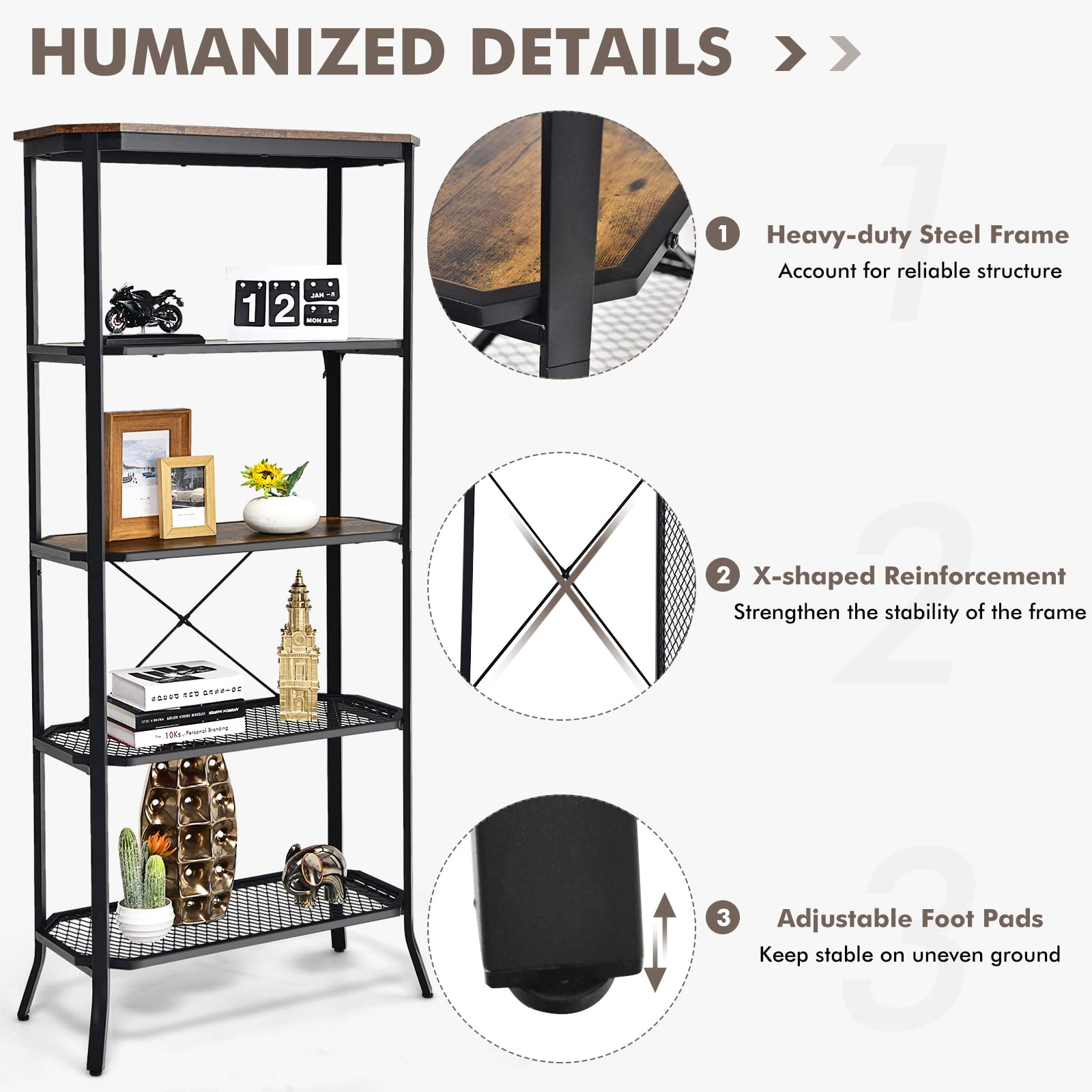 Giantex Industrial Bookshelf, 5-Tier Vintage Bookcase