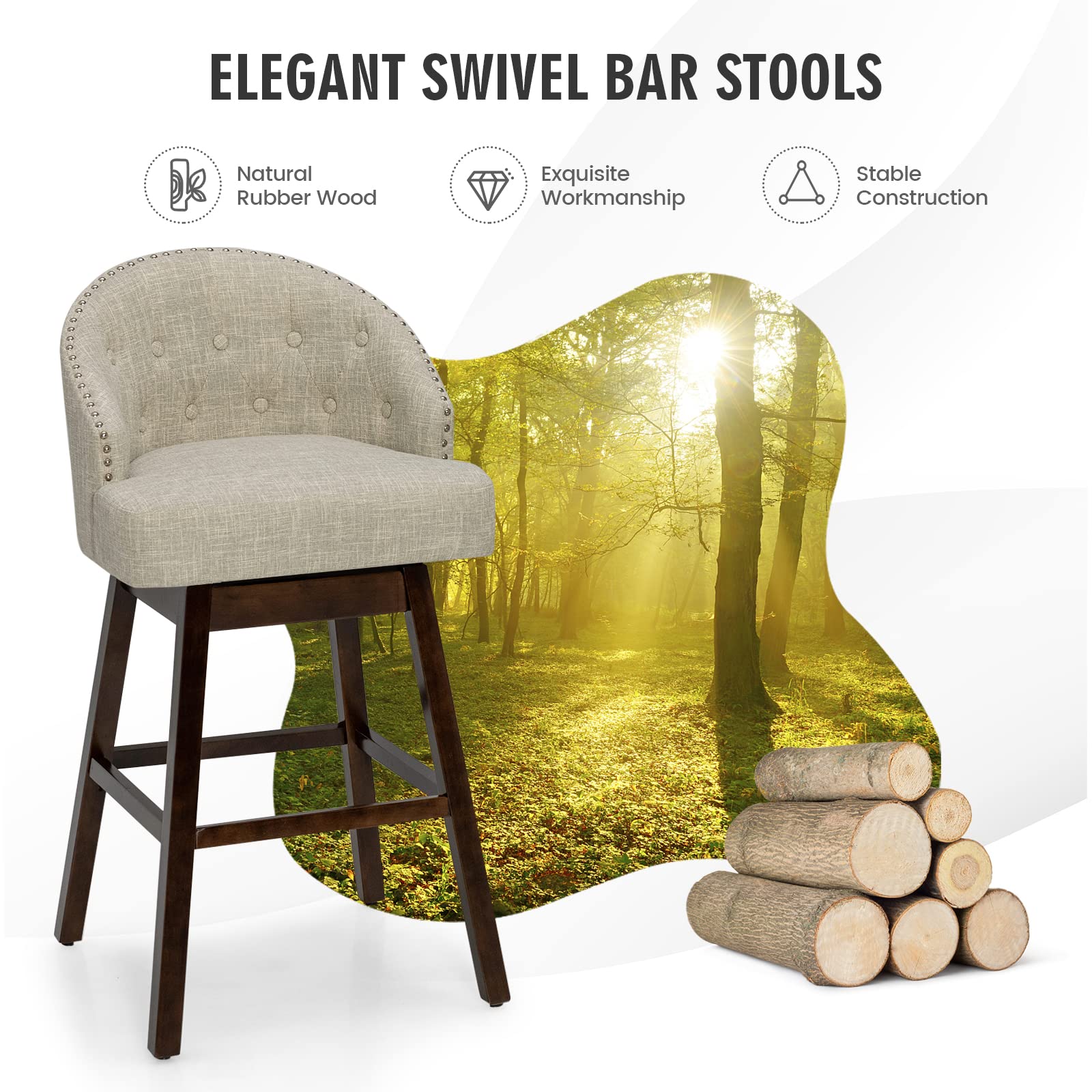 Bar Stools Set of 2, 31’’ Swivel Bar Stools with Rubber Wood Legs & Padded Back