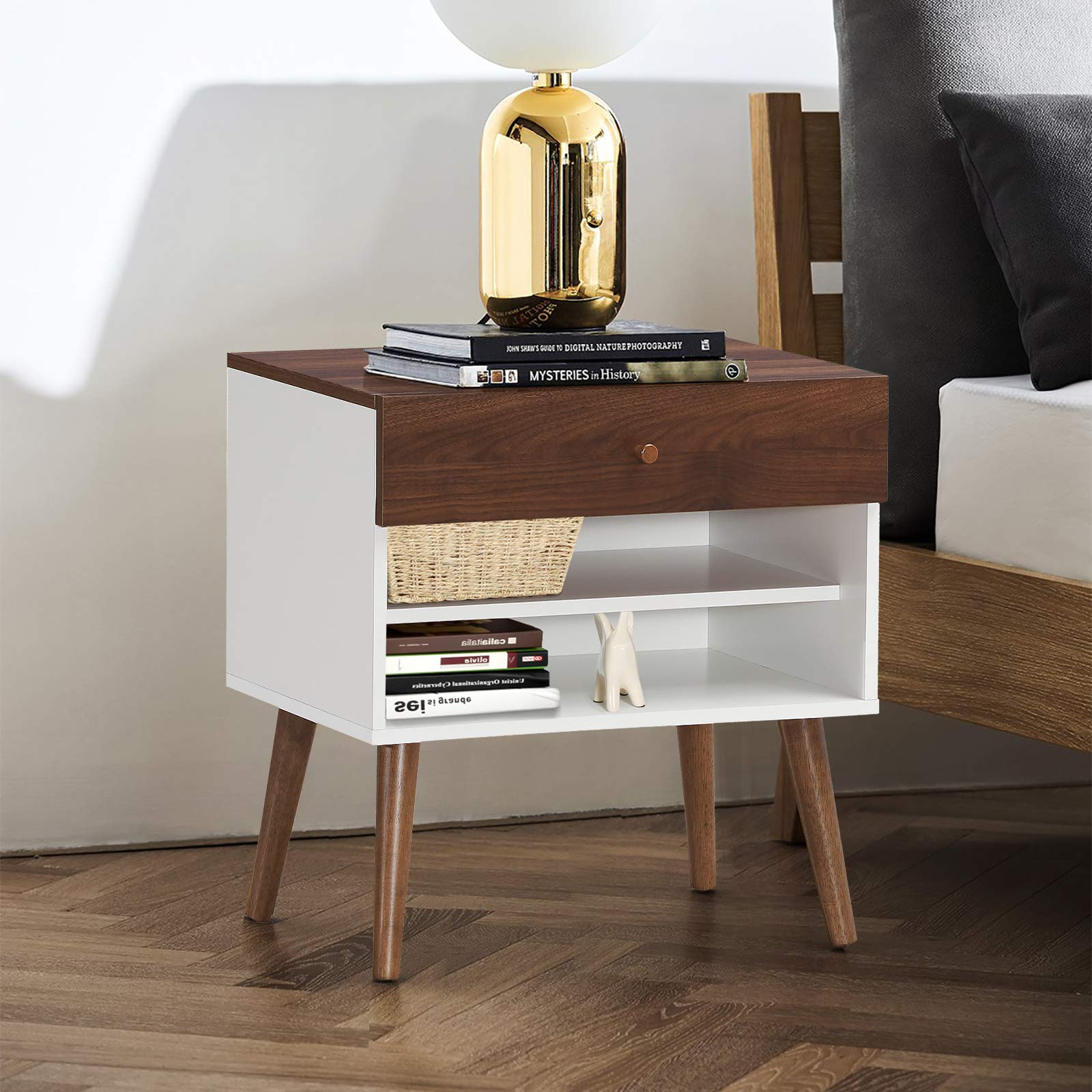 Nightstand with Drawer and Storage Shelves & Rubber Wood Legs, Brown&White