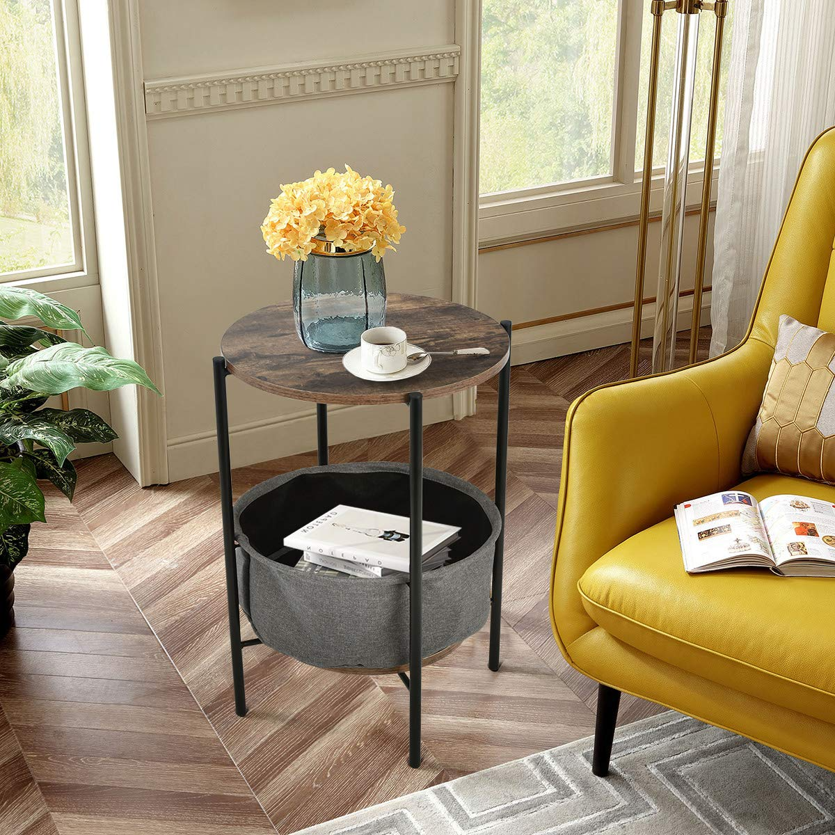 End Table Round Sofa Side Table W/Durable Storage Fabric Basket