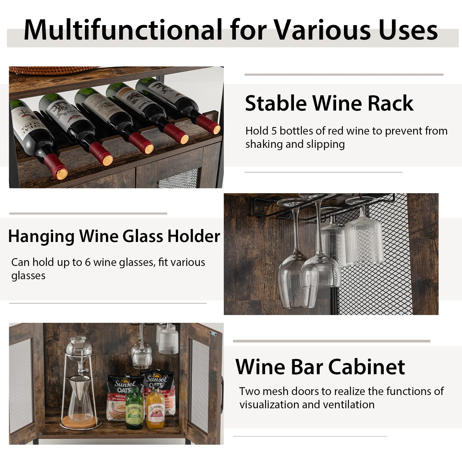 Giantex Wine Bar Cabinet, Industrial Liquor Cabinet with Glass Holder, Removable Wine Rack (Rustic Brown & Black)