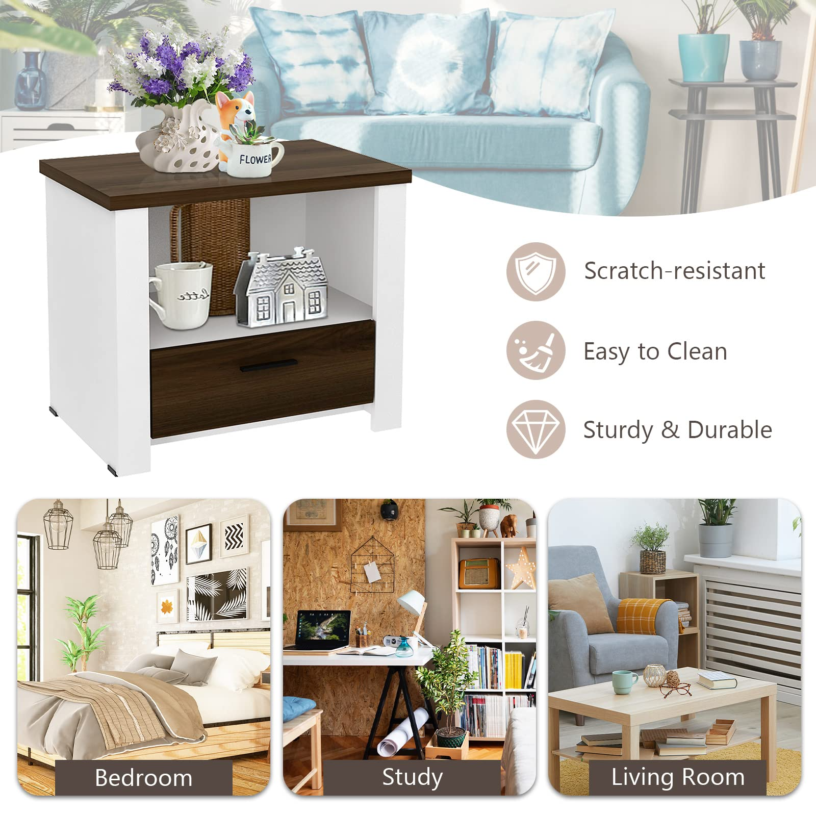 Giantex Nightstand, End Table with Glide Sliding Drawer & Open Cabinet, Modern Sofa Side Table for Living Room