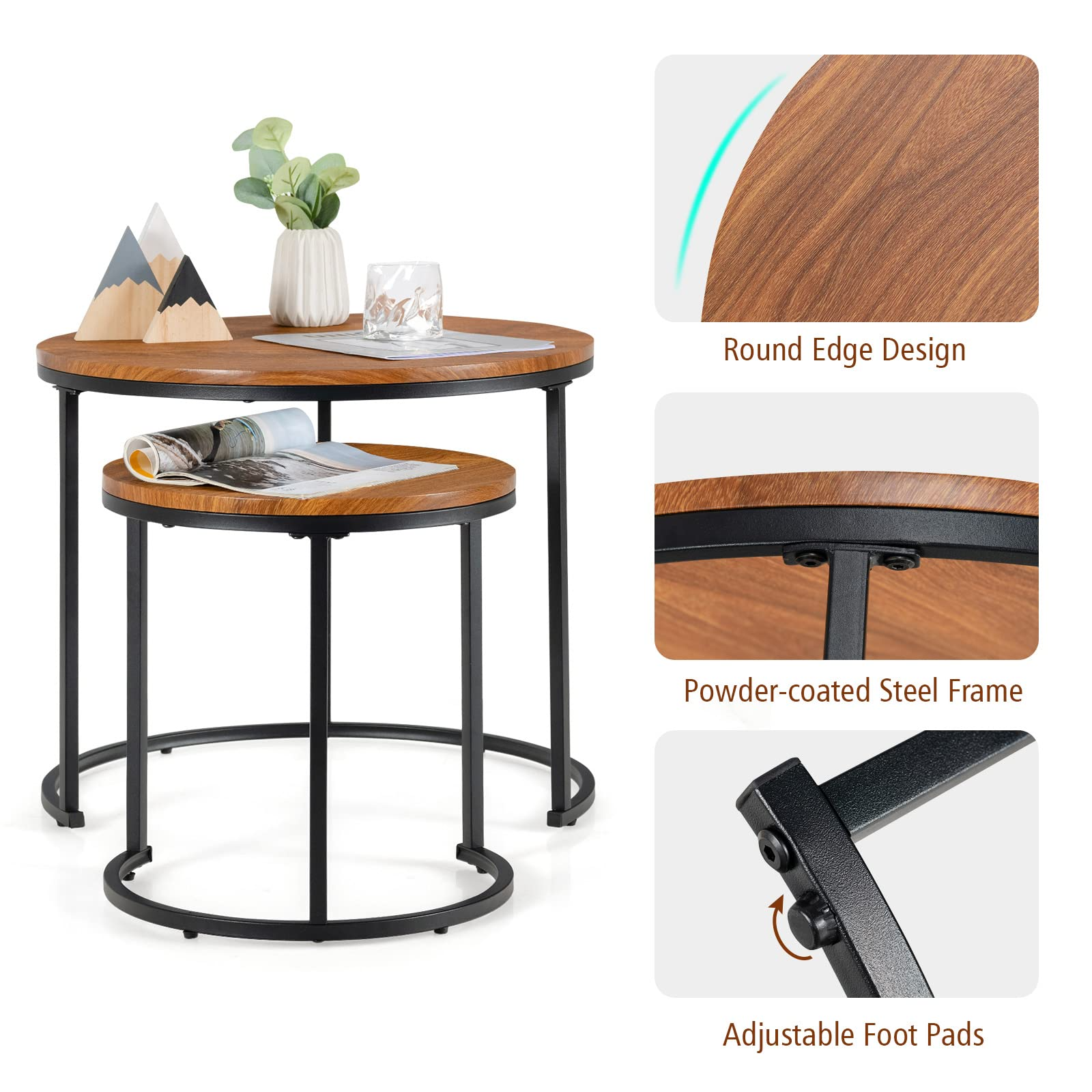 Nesting Coffee Table Set of 2, Round Stacking Side Tables w/Wooden Tabletop & Steel Frame