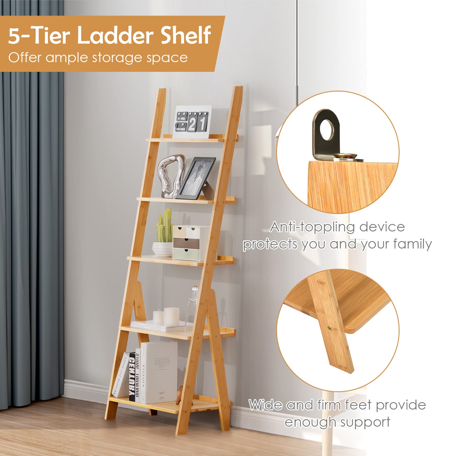 Giantex 5-Tier Ladder Shelf, Multipurpose Freestanding Display Leaning Storage Shelves