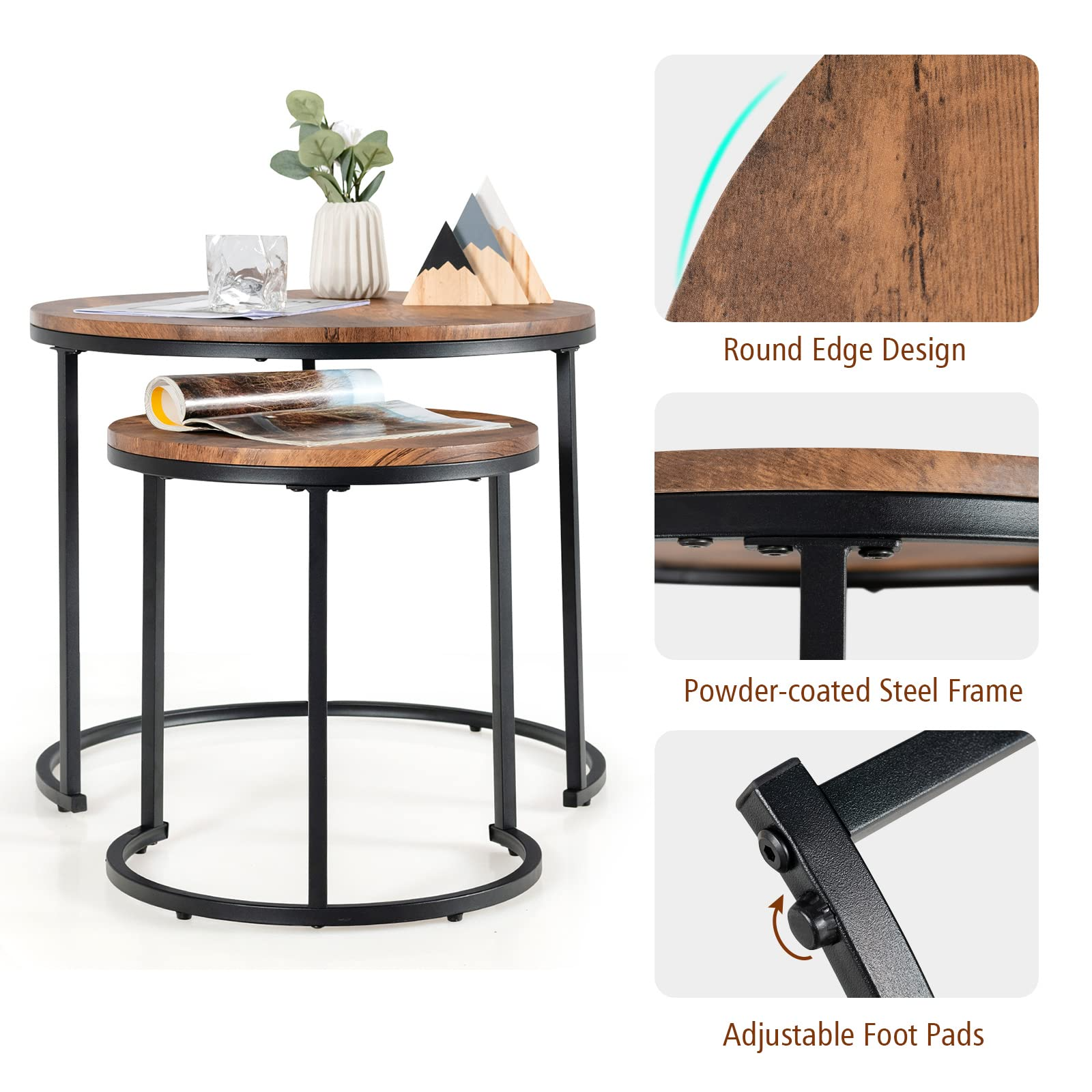 Nesting Coffee Table Set of 2, Round Stacking Side Tables w/Wooden Tabletop & Steel Frame