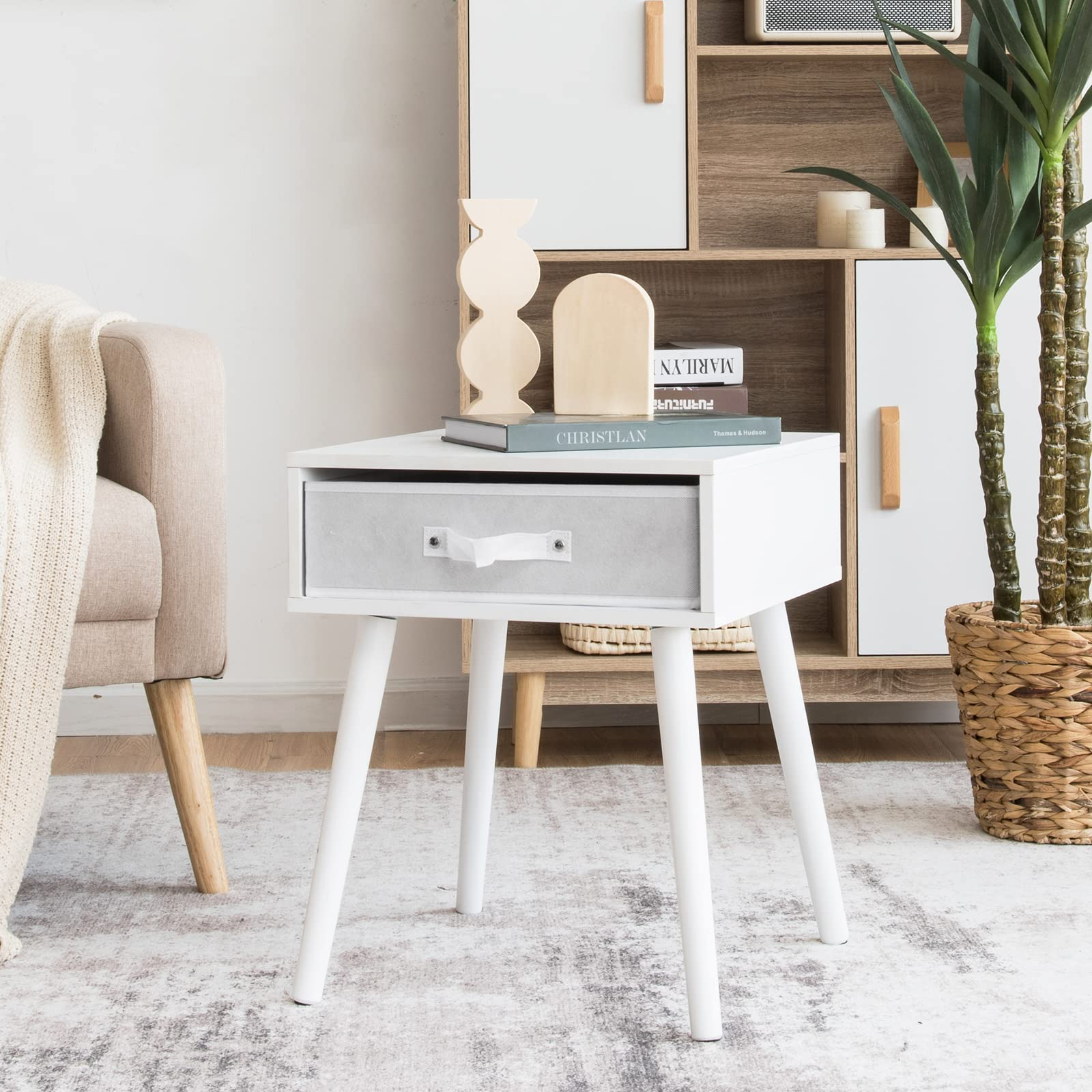 End Table Accent Bedside Table W/ 1 Removable Fabric Drawer and Solid Wooden Legs