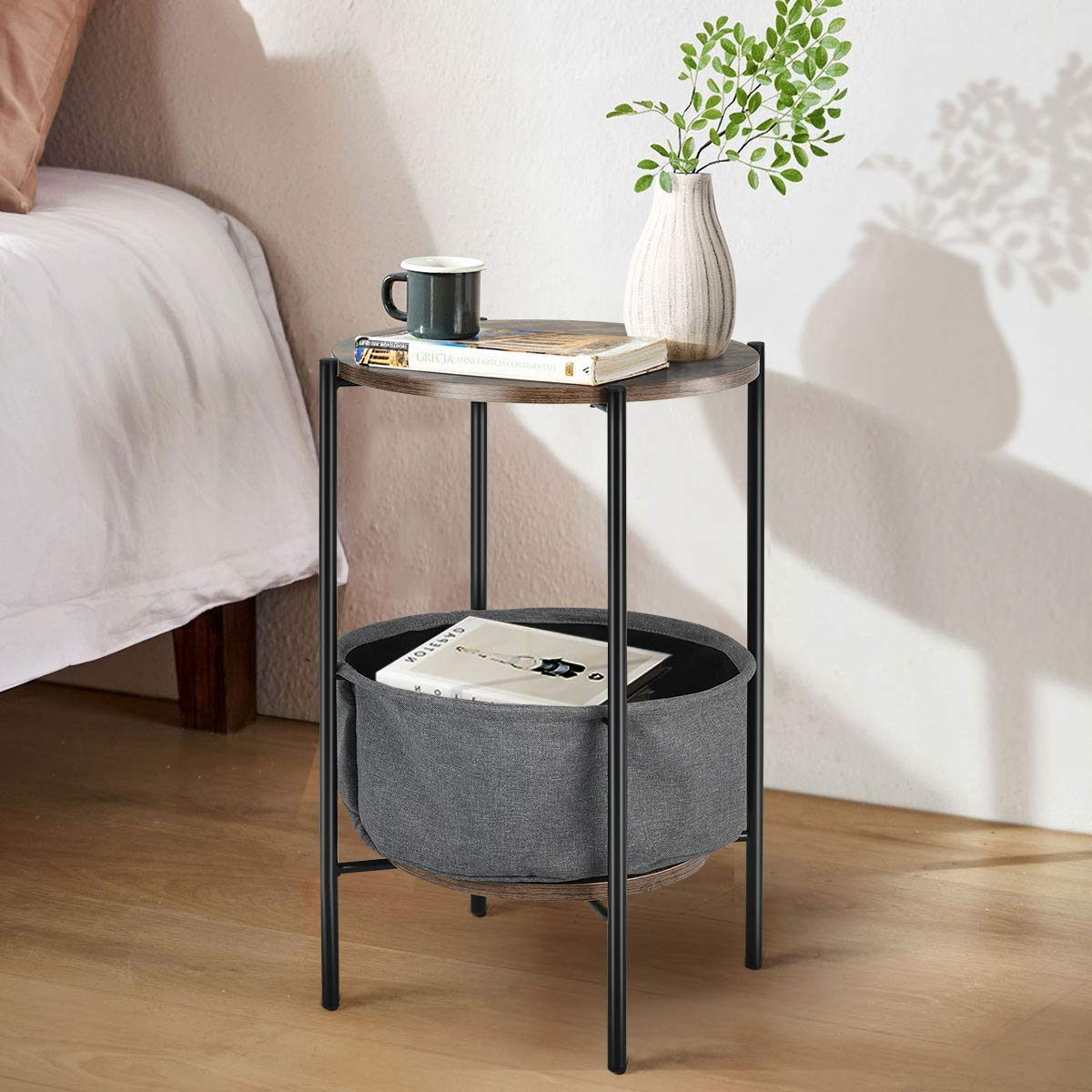 End Table Round Sofa Side Table W/Durable Storage Fabric Basket