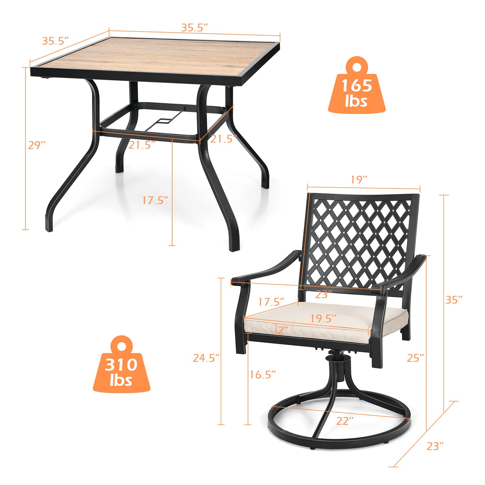 Giantex 3 Piece Patio Dining Set, Outdoor Square Bistro Table for 2, Swivel Rocking Chair with Soft Cushion