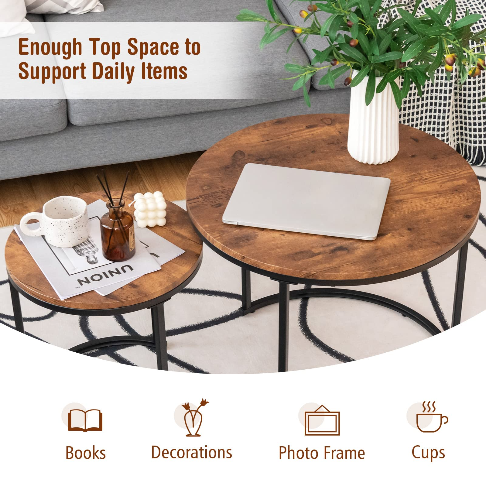 Nesting Coffee Table Set of 2, Round Stacking Side Tables w/Wooden Tabletop & Steel Frame