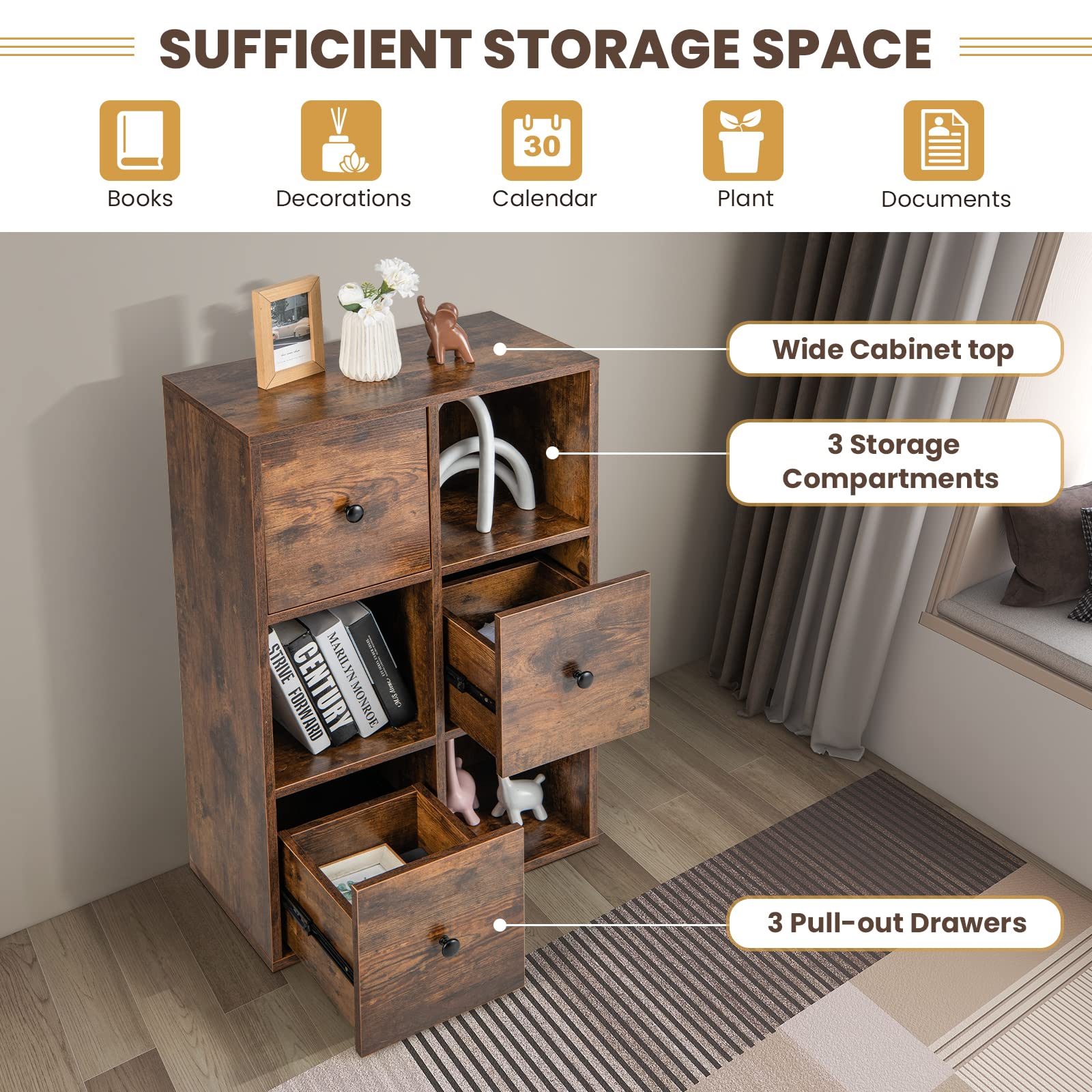 Giantex 6-Cube Bookcase with Drawers, 3-Tier Freestanding Wooden Bookshelf with Anti-toppling Device
