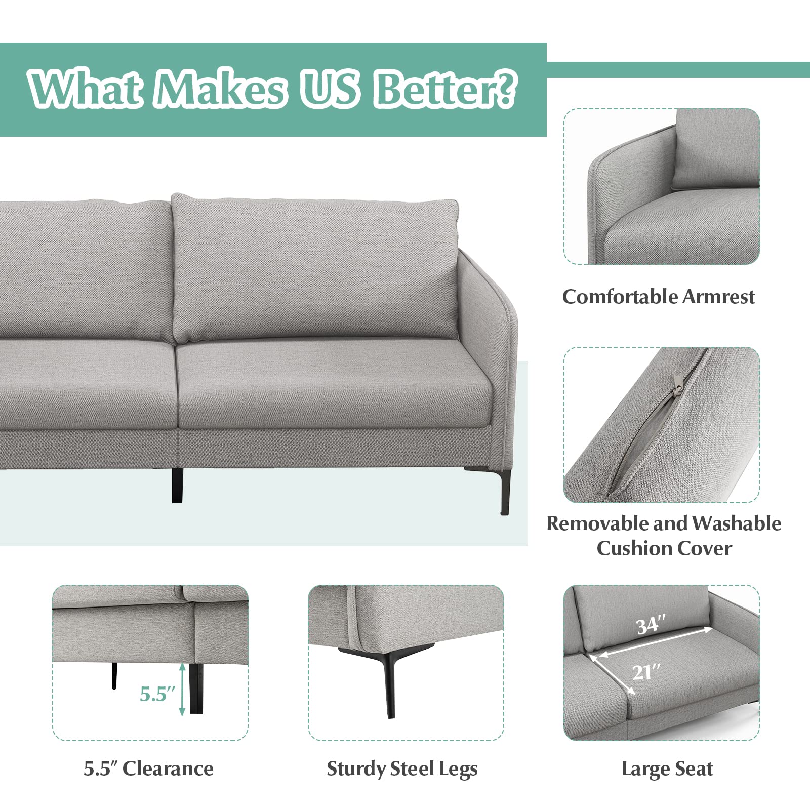 Giantex Upholstered Sofa Couch, 76" Modern Grey Loveseat