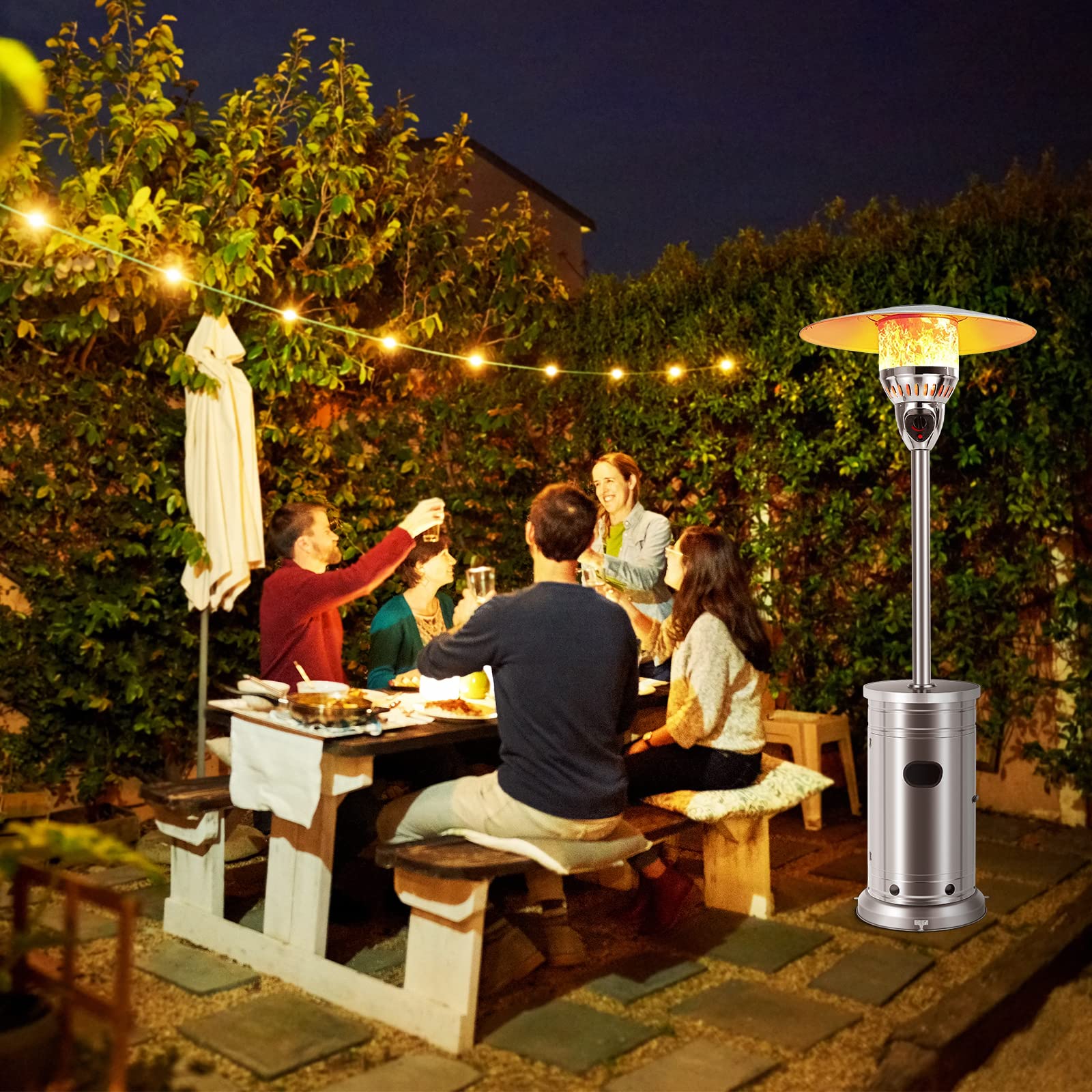 48000 BTU Outdoor Propane Heater, Stainless Steel Patio Heater with Drink Shelf Table