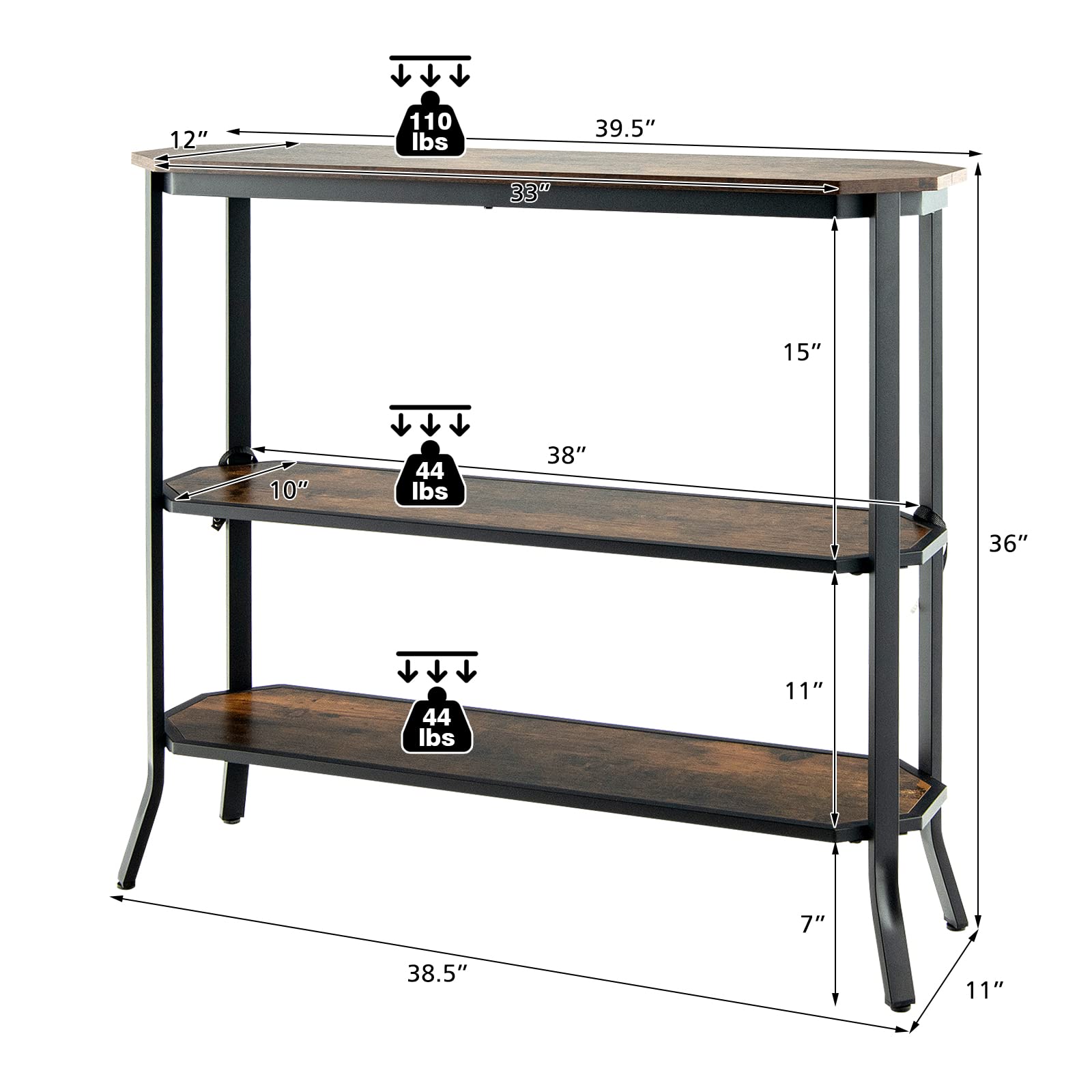 Giantex Hallway Table 3-Tier Console Sofa Table with Storage Shelf w/Adjustable Foot Pads, Non-Toppling Device