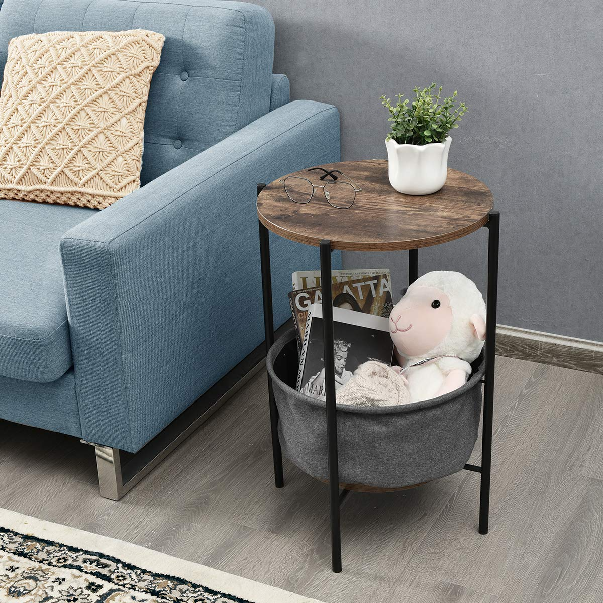 End Table Round Sofa Side Table W/Durable Storage Fabric Basket