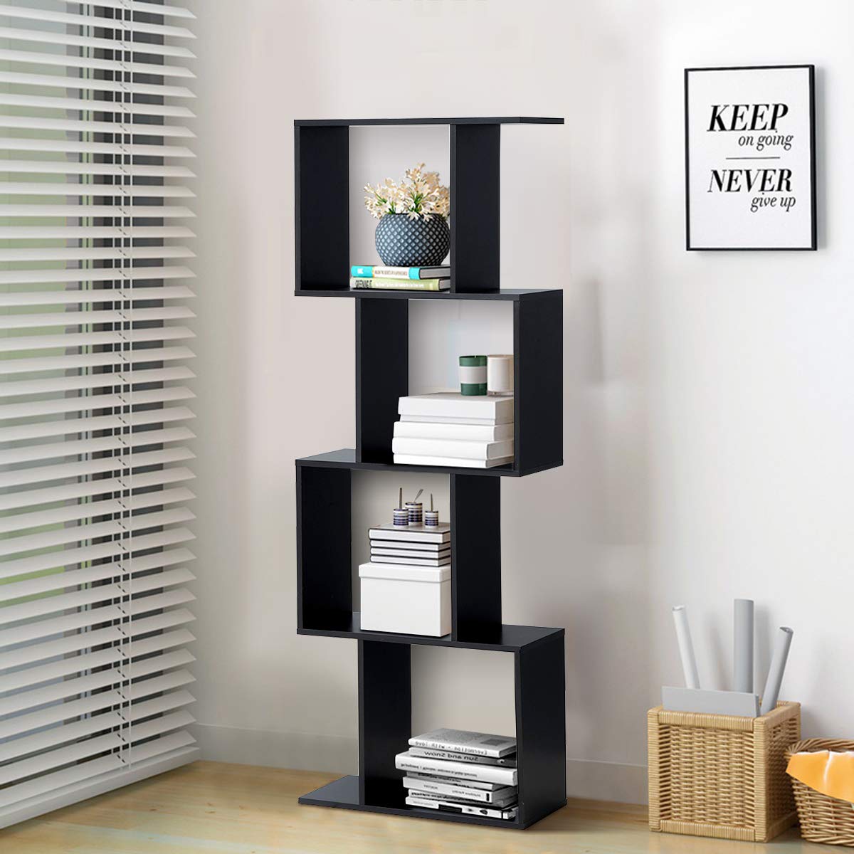 4 Tier Bookshelf S Shaped Bookcase, Multifunctional Wooden Display Decor Furniture