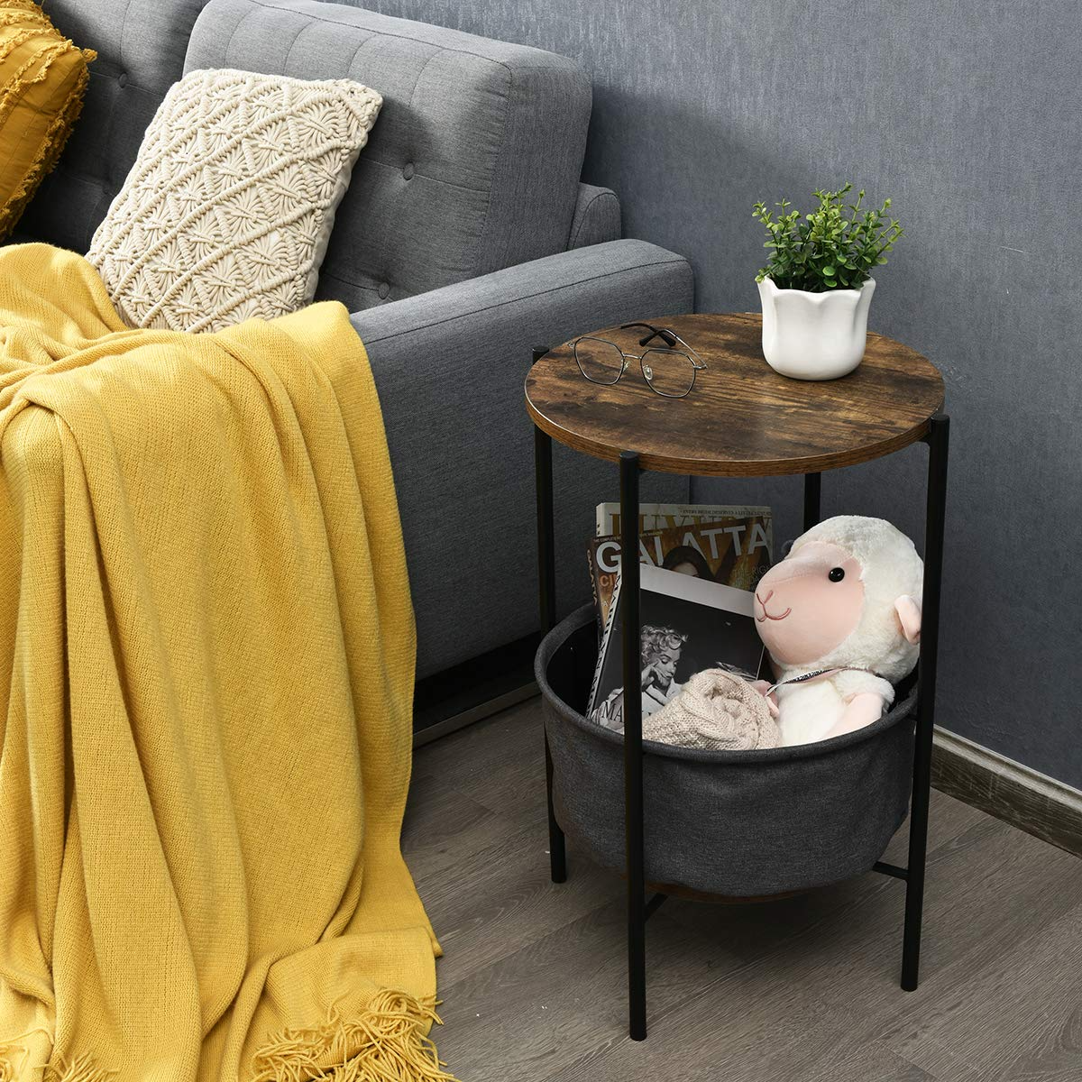 End Table Round Sofa Side Table W/Durable Storage Fabric Basket