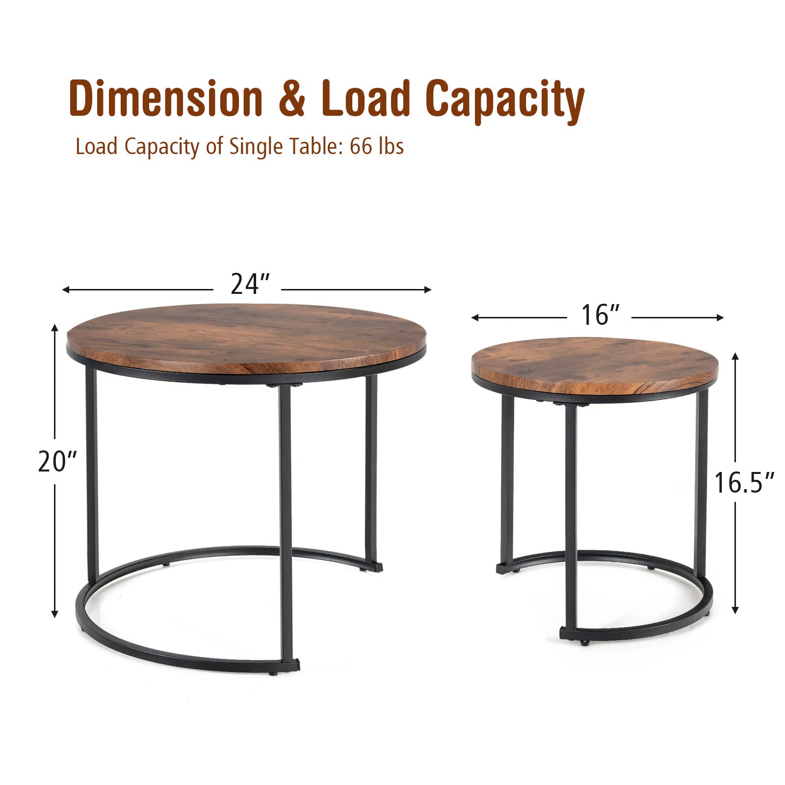 Nesting Coffee Table Set of 2, Round Stacking Side Tables w/Wooden Tabletop & Steel Frame