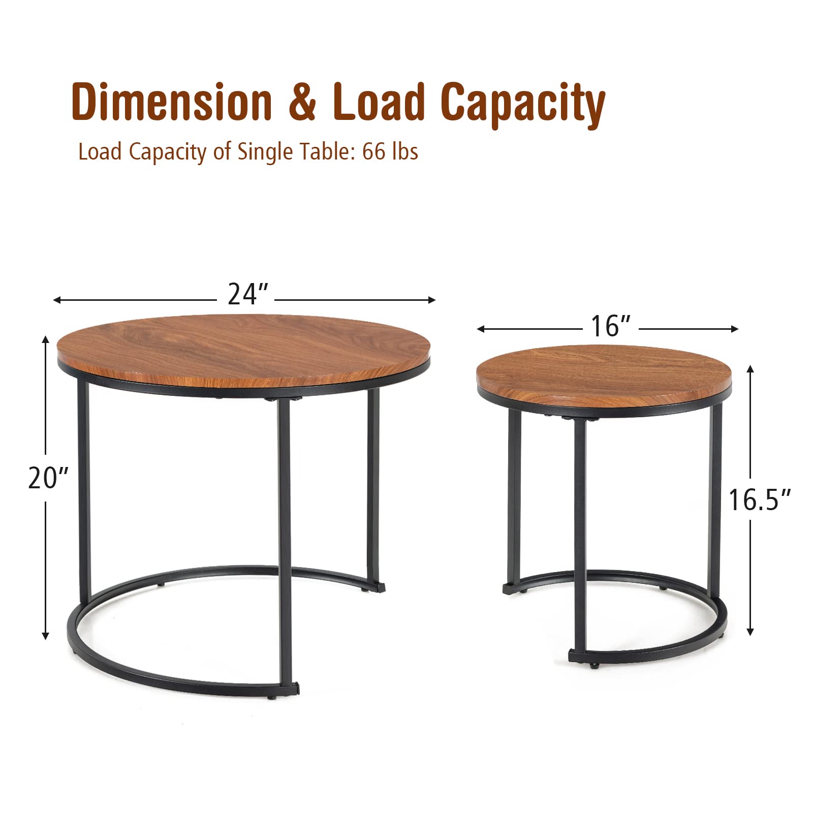 Nesting Coffee Table Set of 2, Round Stacking Side Tables w/Wooden Tabletop & Steel Frame