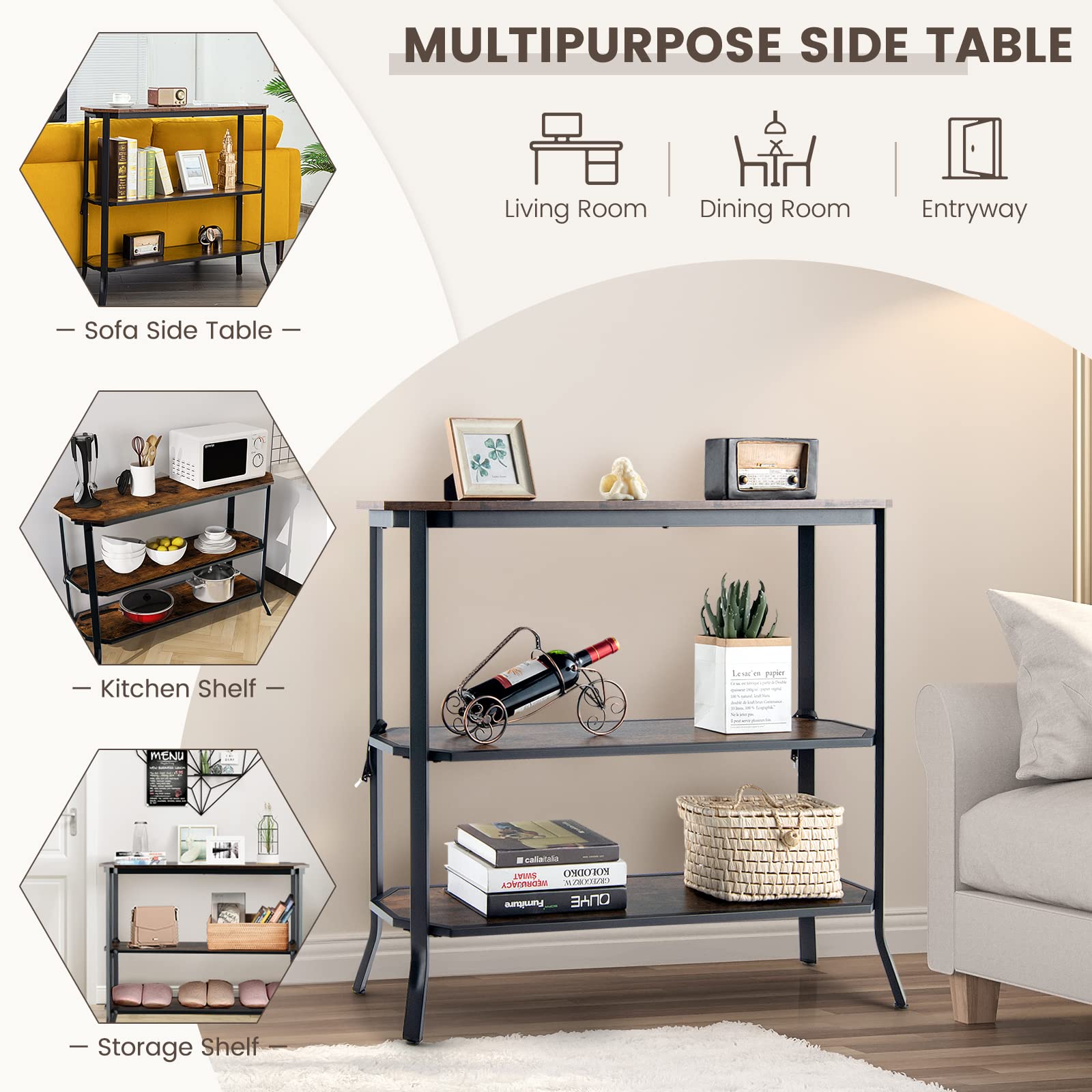 Giantex Hallway Table 3-Tier Console Sofa Table with Storage Shelf w/Adjustable Foot Pads, Non-Toppling Device