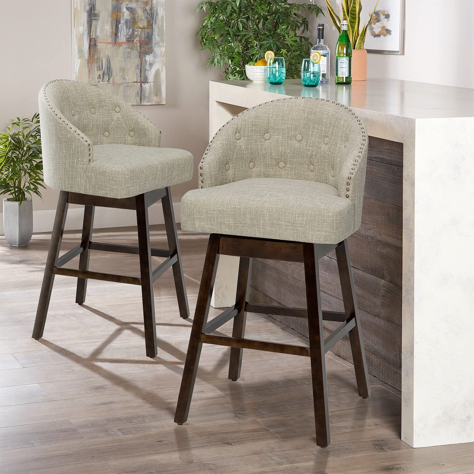 Bar Stools Set of 2, 31’’ Swivel Bar Stools with Rubber Wood Legs & Padded Back