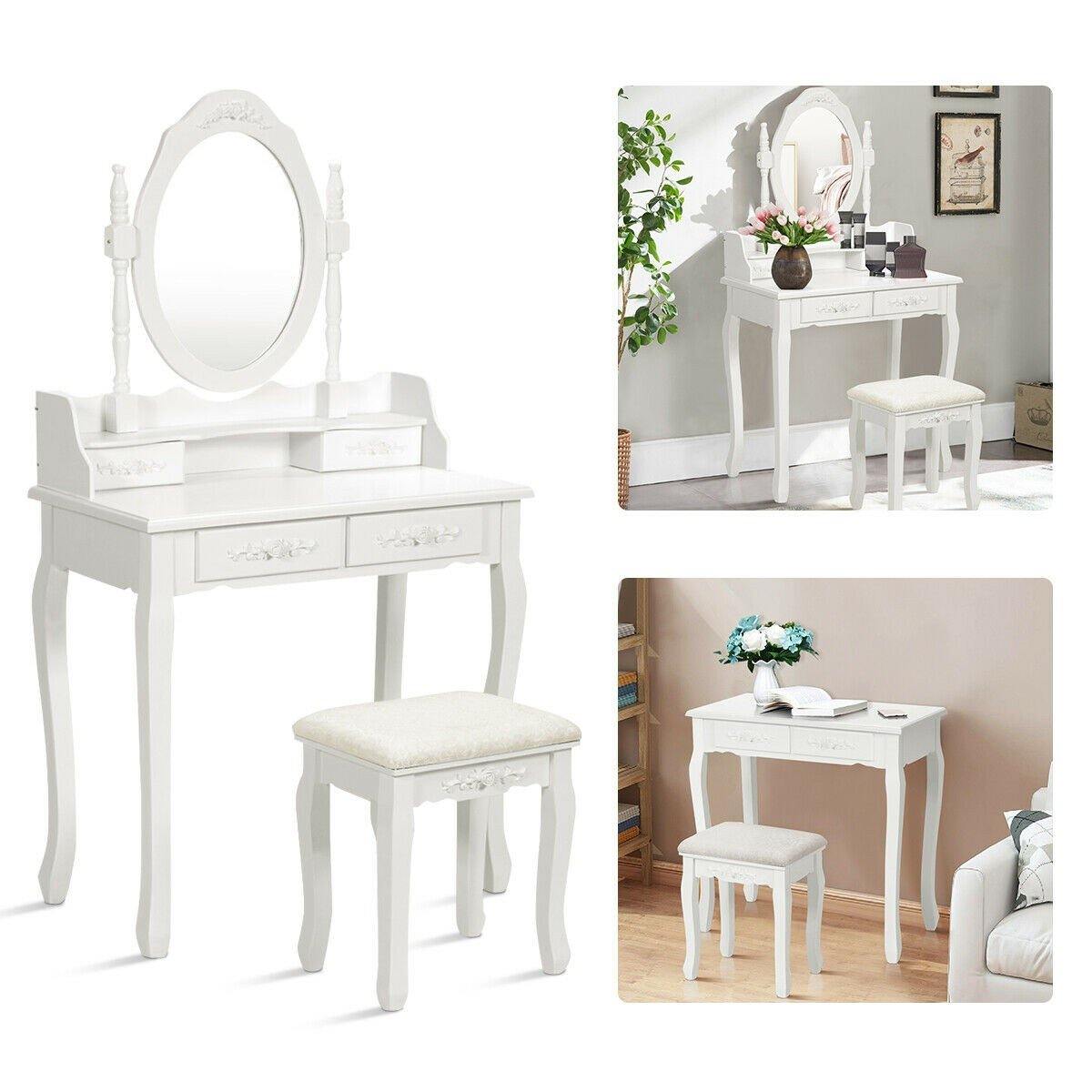 Vanity Table Set with Oval Mirror and 4 Drawers (White) - Giantexus